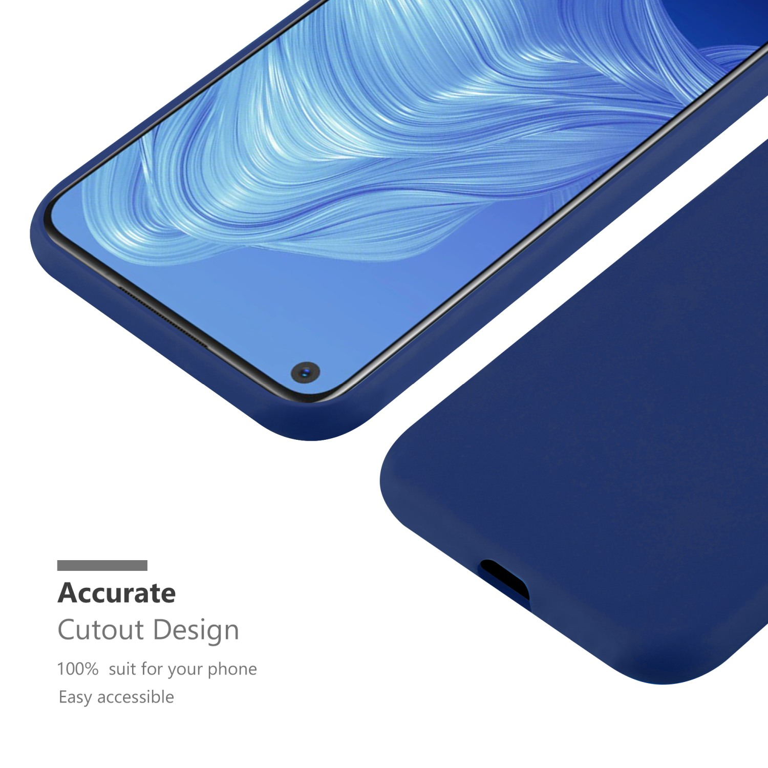 Eine marineblaue Handyhülle mit einem Telefon darin. Das Telefon ist angewinkelt, um den Bildschirm zu zeigen.