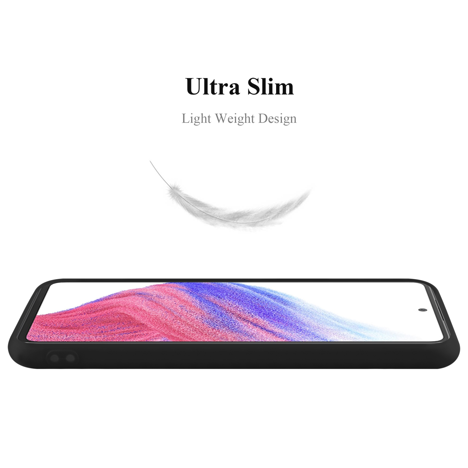 Una custodia nera per telefono con un telefono all'interno, con un'illustrazione di piuma e il testo 'Ultra Slim'.