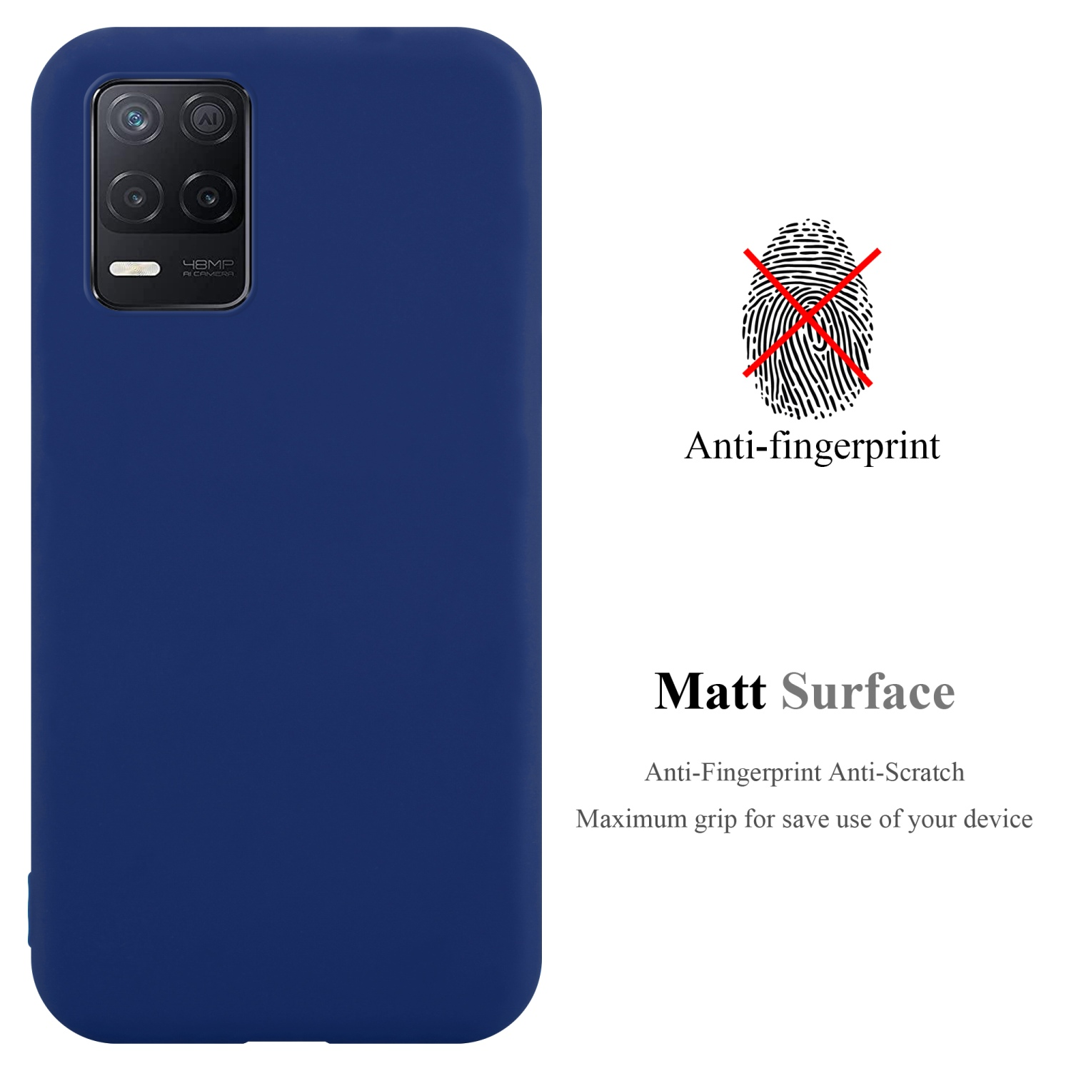 Custodia per telefono blu scuro con un telefono e il testo Matt Surface. Sfondo bianco.