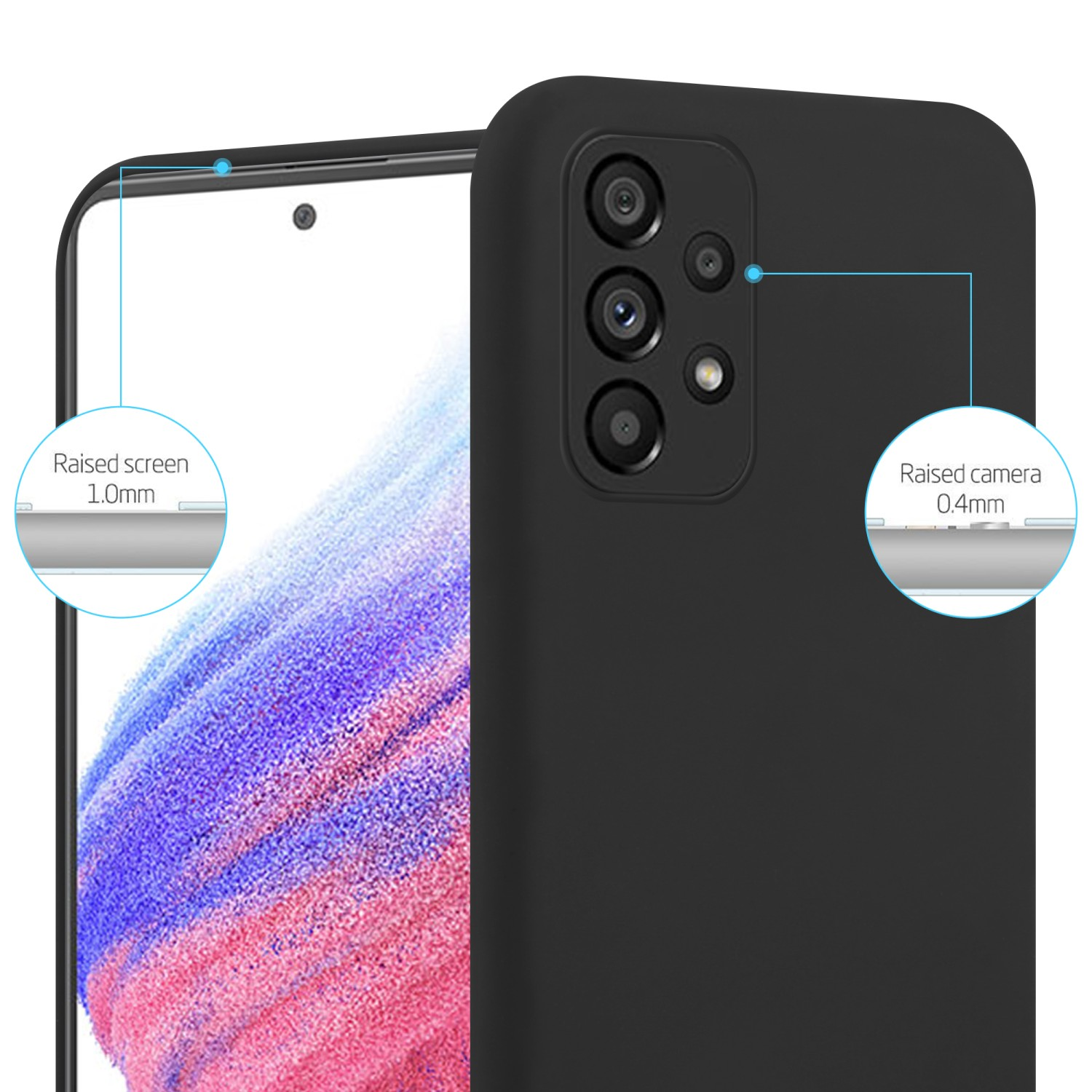 Custodia nera per telefono con telefono all'interno. Il telefono è nero e ha schermo e fotocamera rialzati.