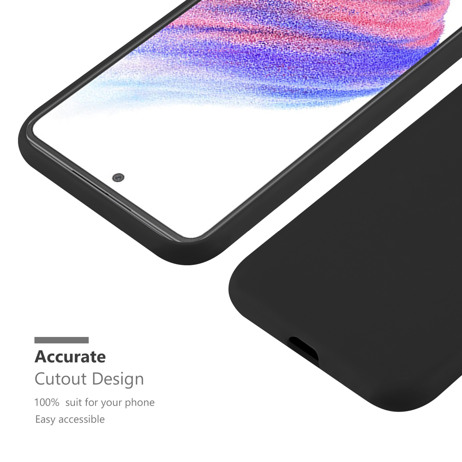 Custodia nera con telefono e testo 'Accurate Cutout Design'.