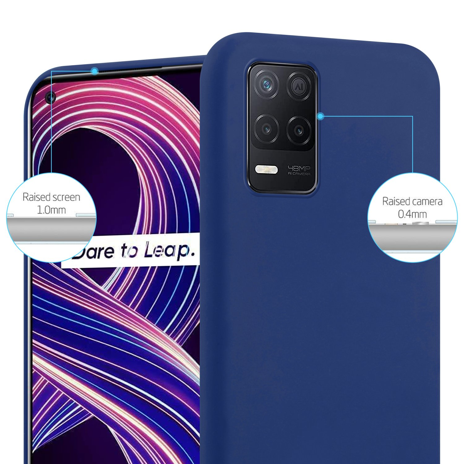 Custodia blu scuro, telefono dentro, bordi schermo e fotocamera rialzati.