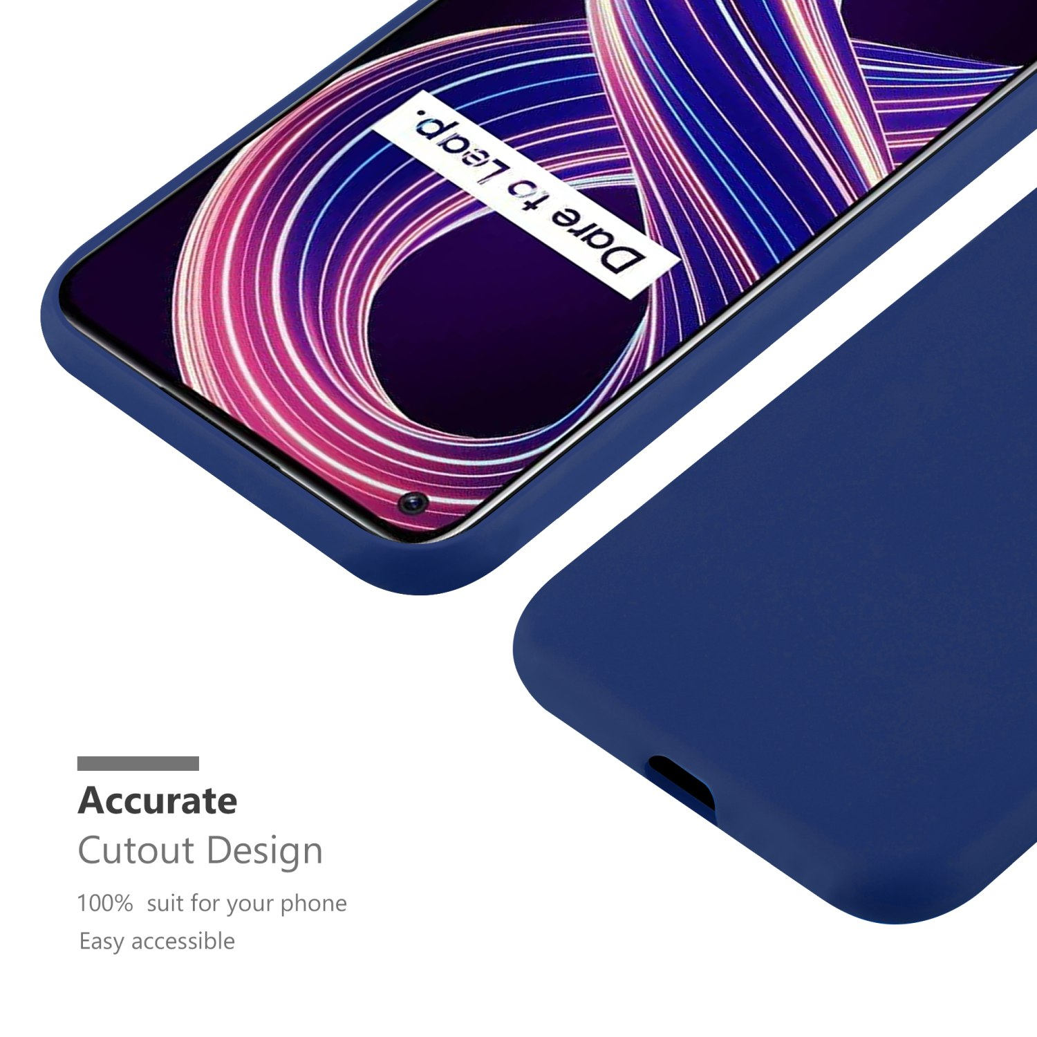 Un telefono in una custodia blu. Lo schermo mostra un design viola e bianco. Lo sfondo è bianco.