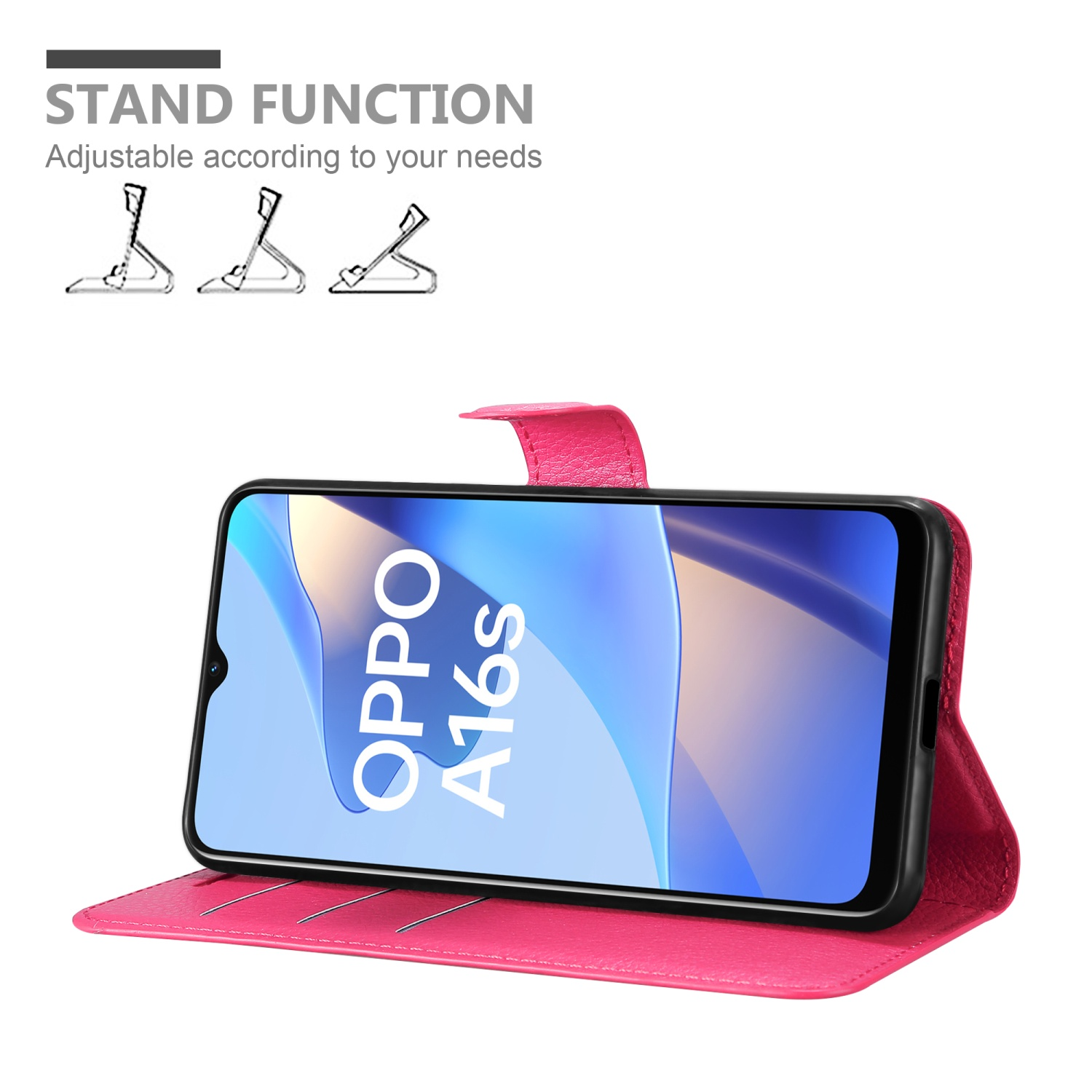 Custodia per telefono rosa aperta, telefono dentro, funzione supporto.