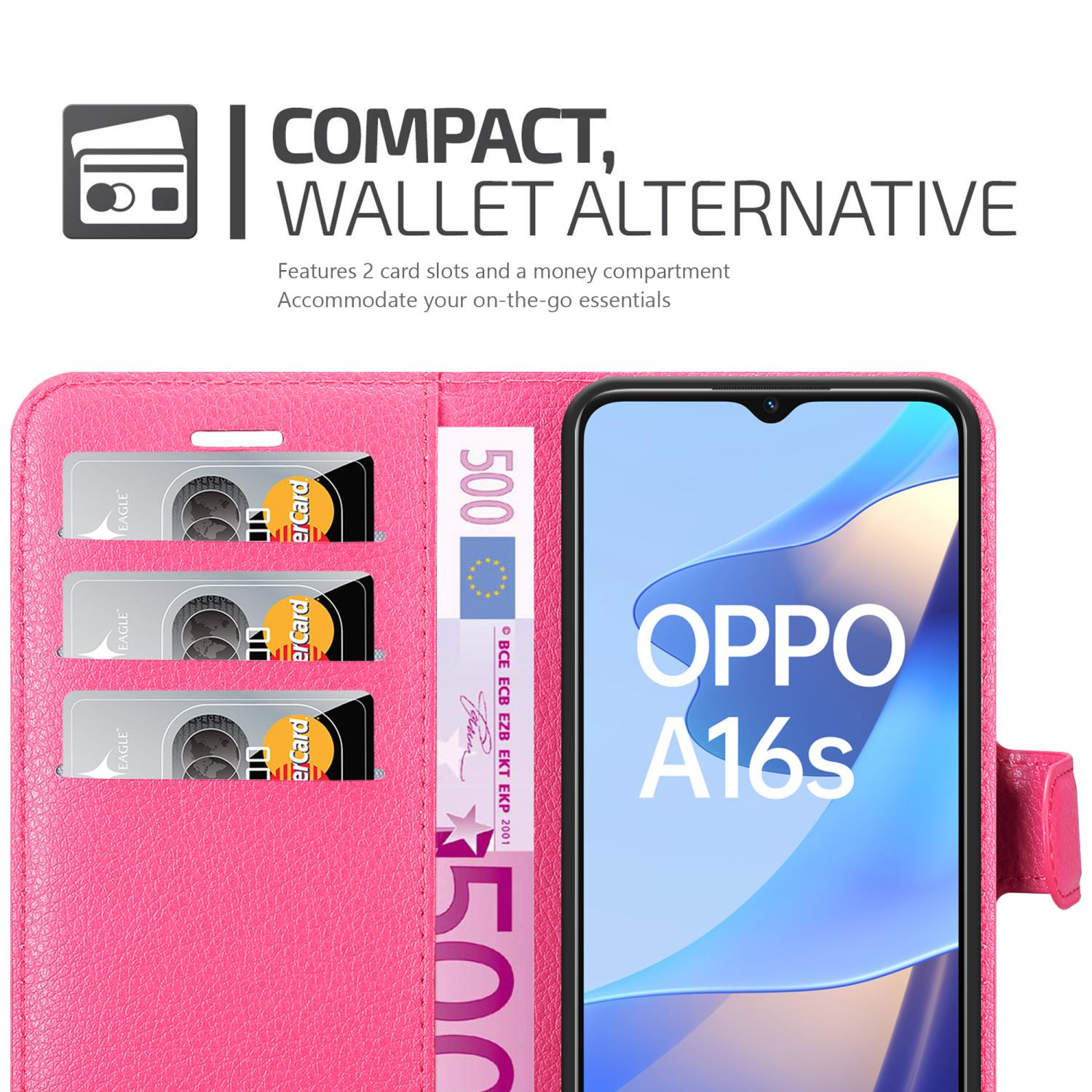 Custodia rosa per telefono con scomparti per carte e scomparto per soldi. All'interno c'è un telefono Oppo A16s.