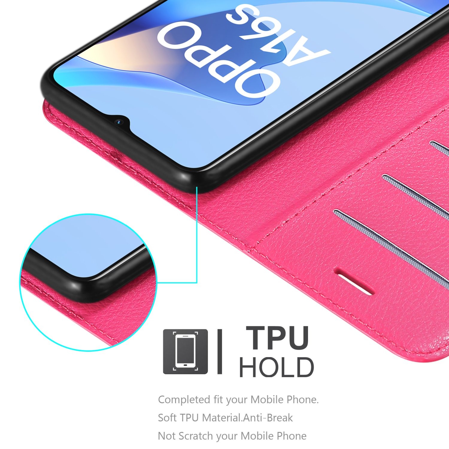Custodia rosa per telefono con telefono all'interno. Lo schermo mostra 'OPPO A16s'.