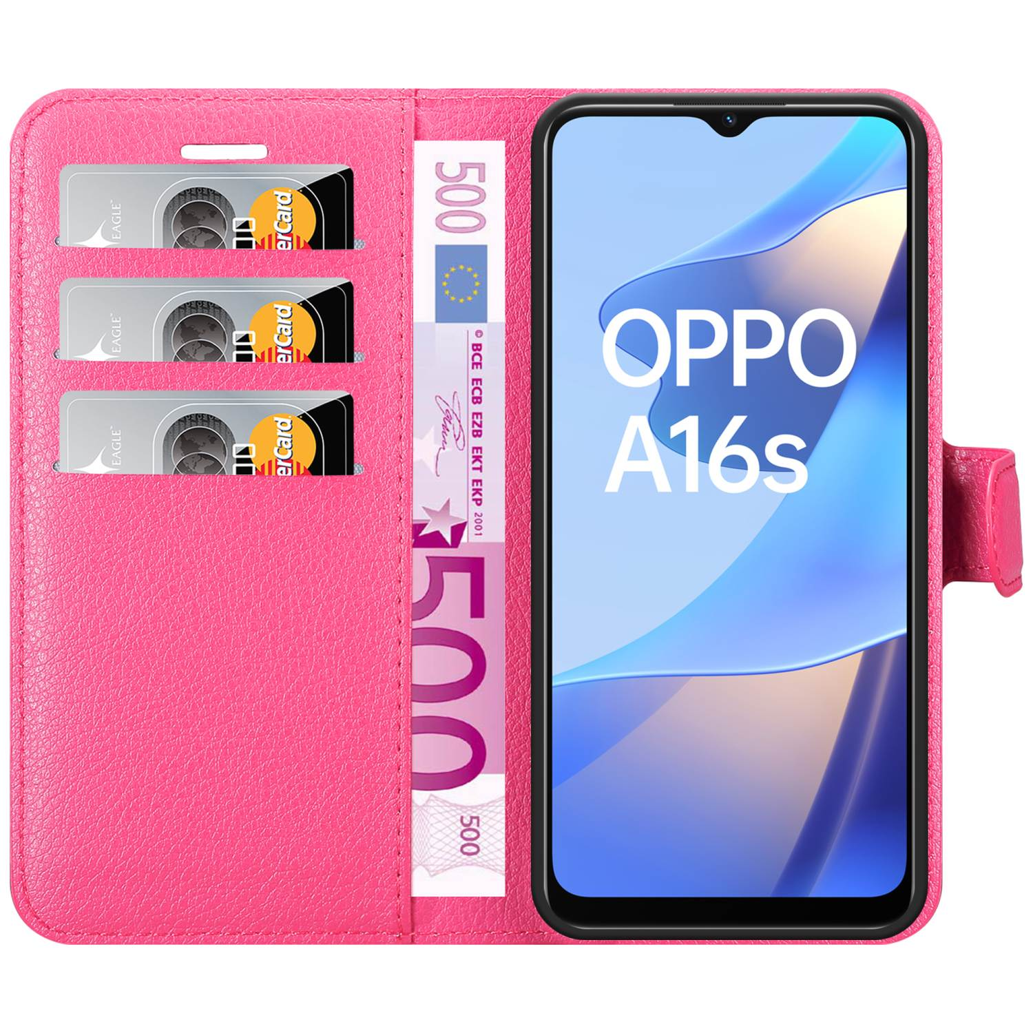 Custodia rosa aperta con telefono, carte e denaro. Il telefono è marchiato 'OPPO A16s'.
