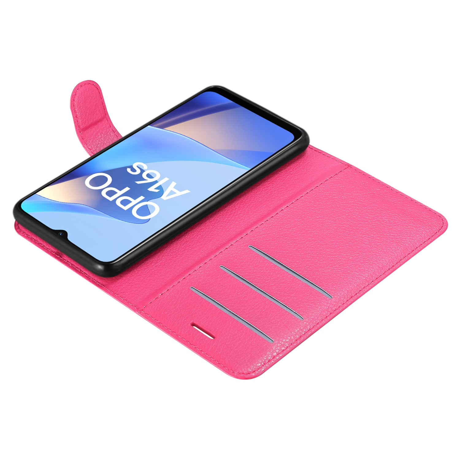 Custodia rosa per telefono aperta, con telefono all'interno. Il testo sullo schermo del telefono dice OPPO A16S.
