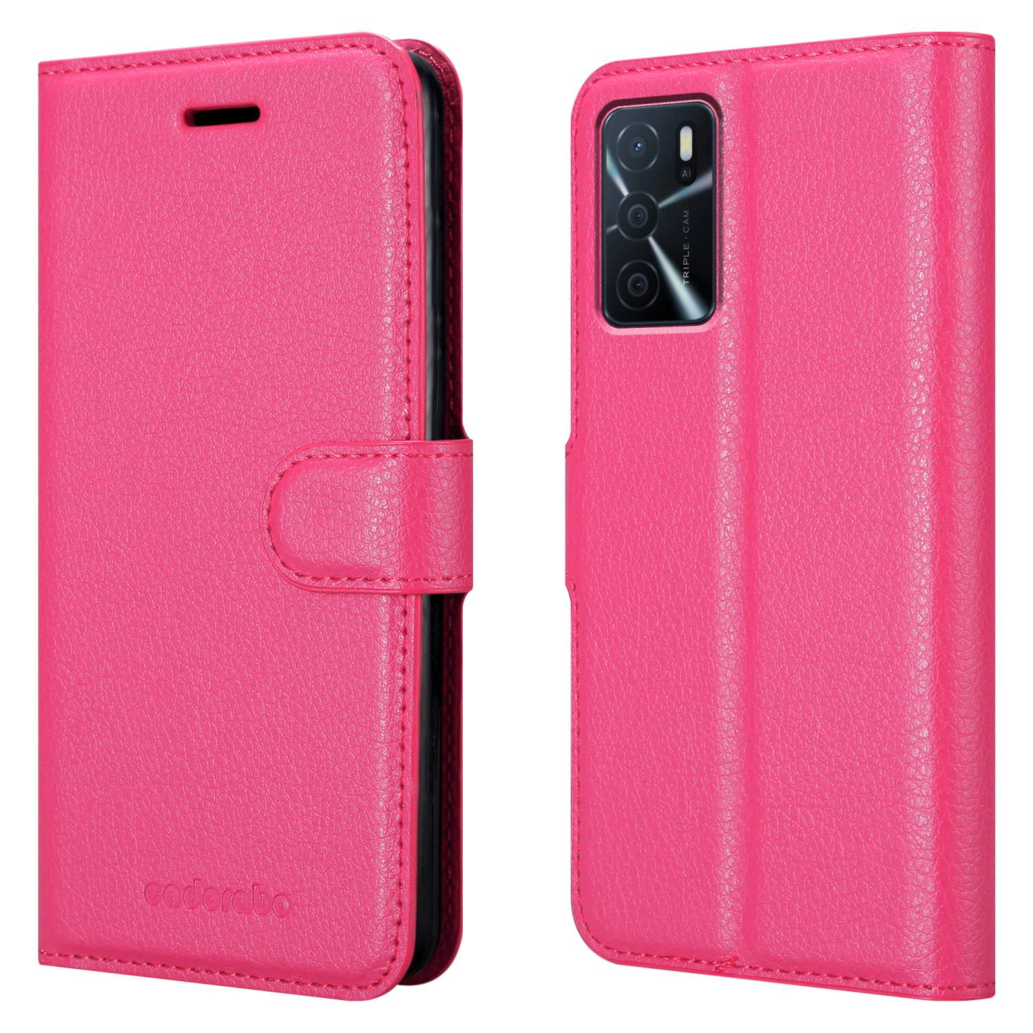 Custodia per telefono rosa, chiusa e aperta. La custodia aperta rivela un telefono all'interno.