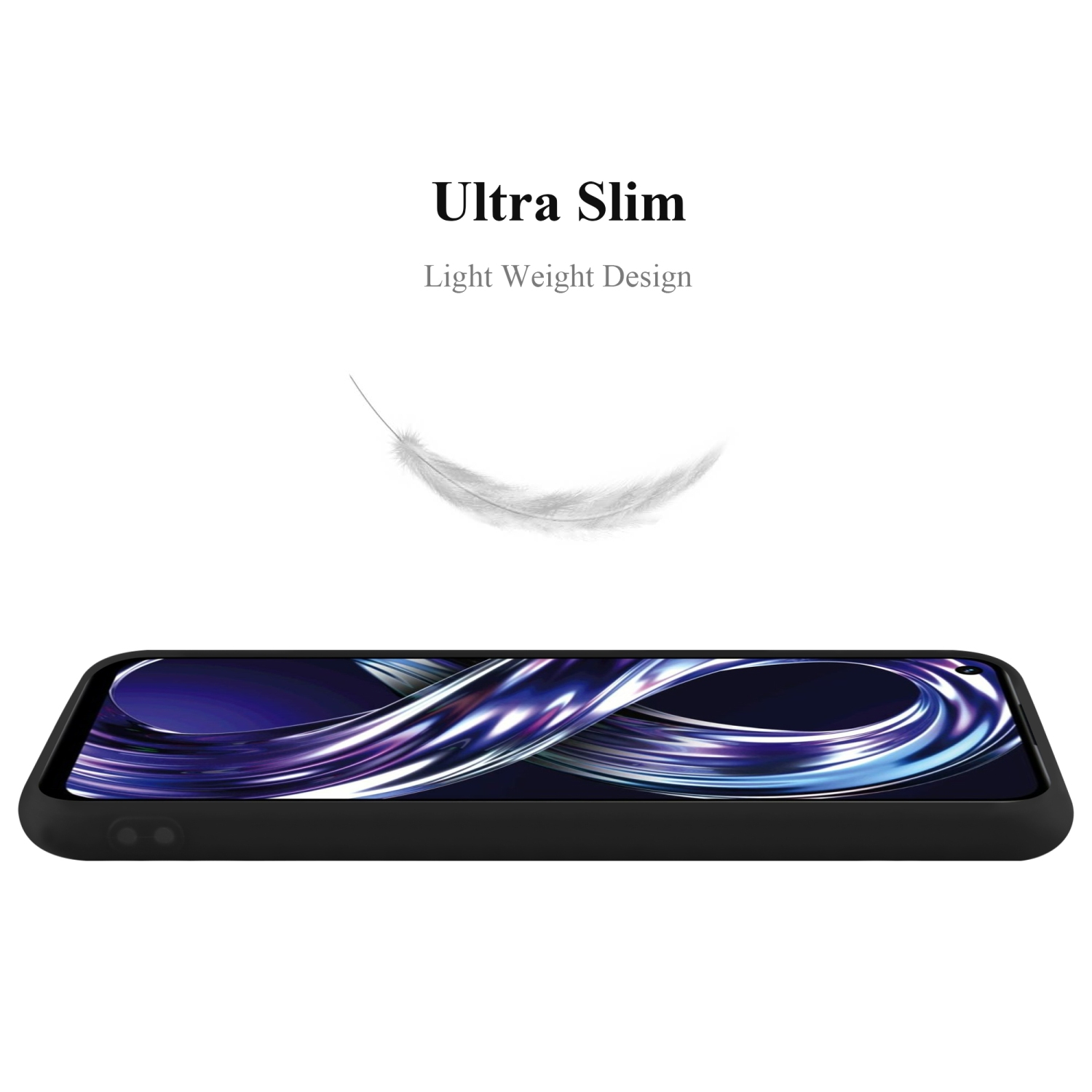 Custodia nera per telefono con piuma, testo Ultra Slim.