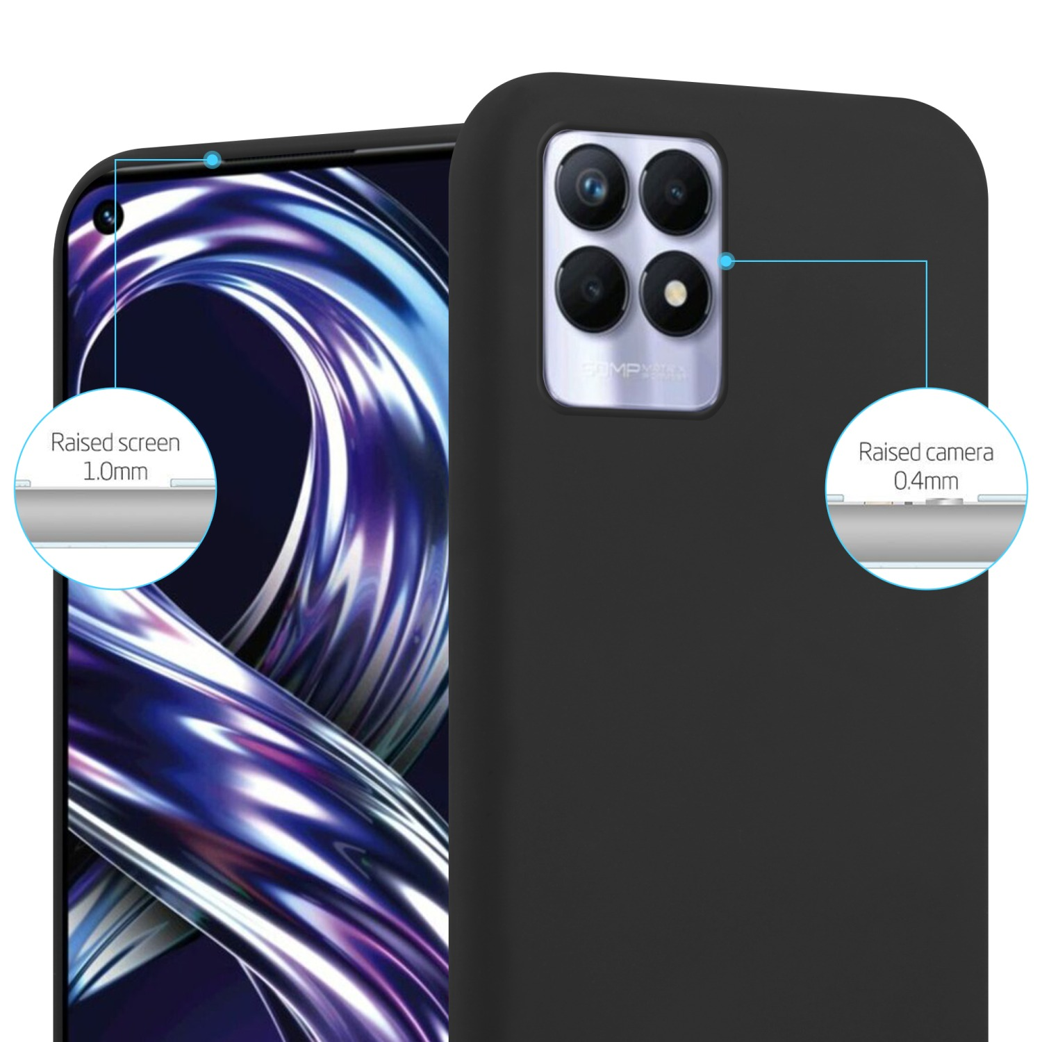 Una custodia nera per telefono con un telefono all'interno. Ha quattro fotocamere e le parole “Raised screen 1.0mm” e “0.4mm”.