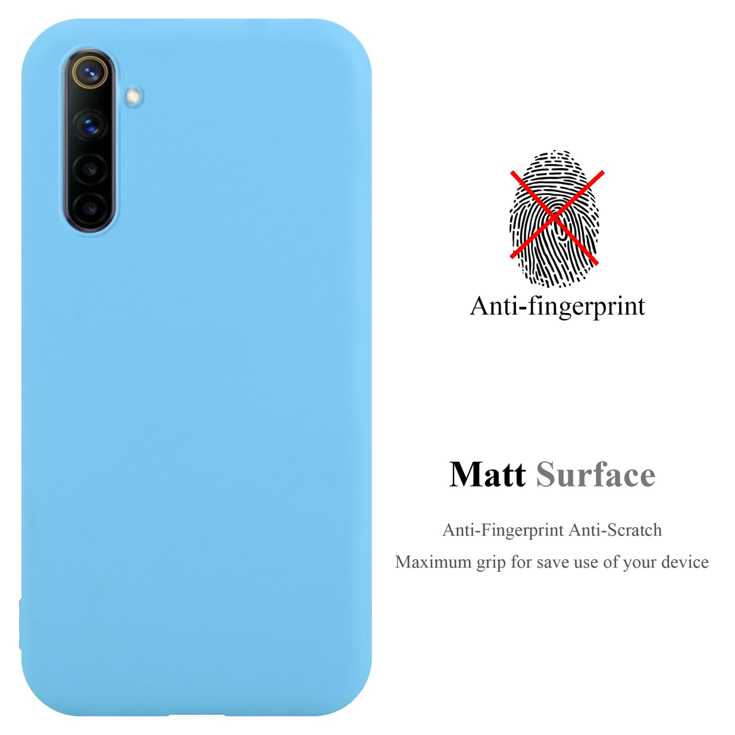 Hellblaue Handyhülle. Anti-Fingerabdruck und matte Oberfläche. Fingerabdrucksymbol durchgestrichen.
