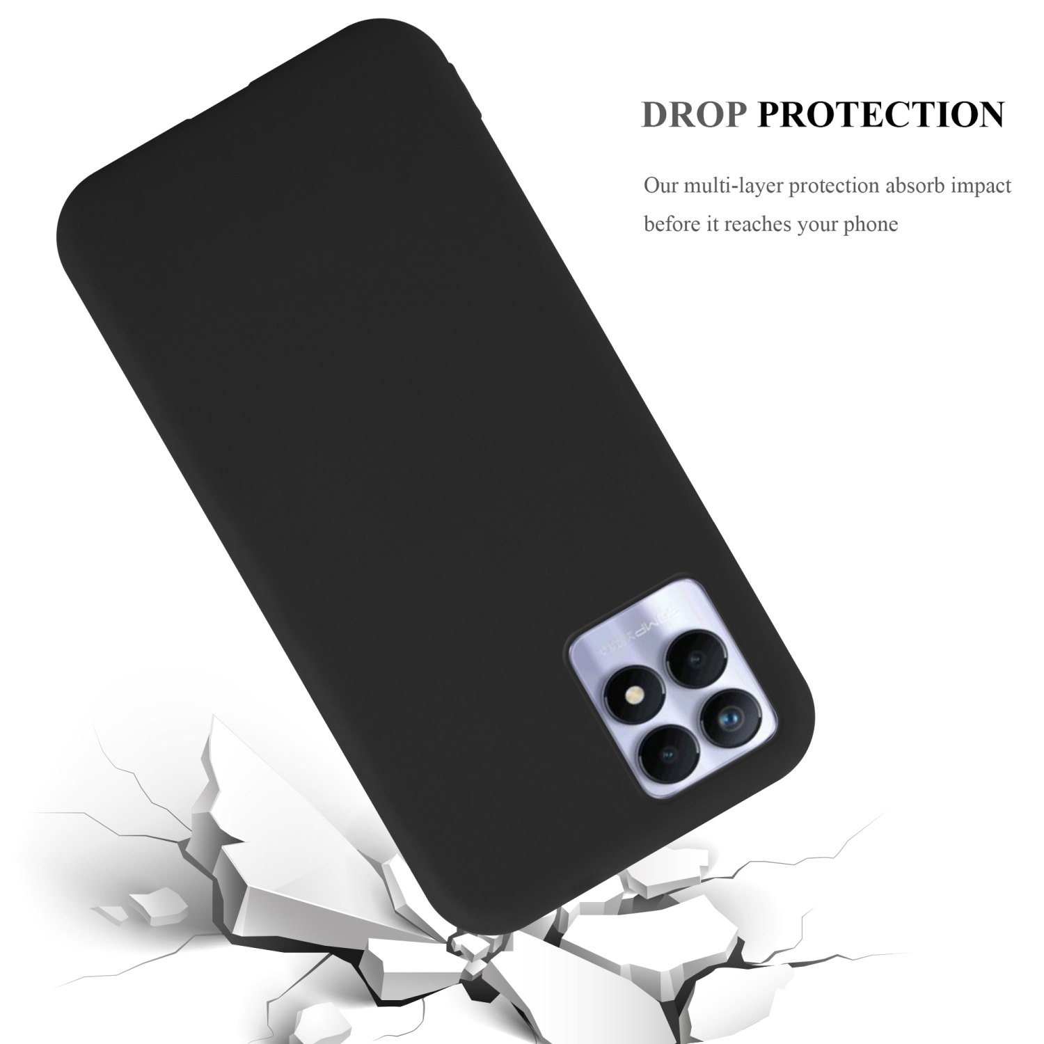 Confronto schermo telefono: Cadorabo non mostra impronte, altri sì. Sfondo nero.