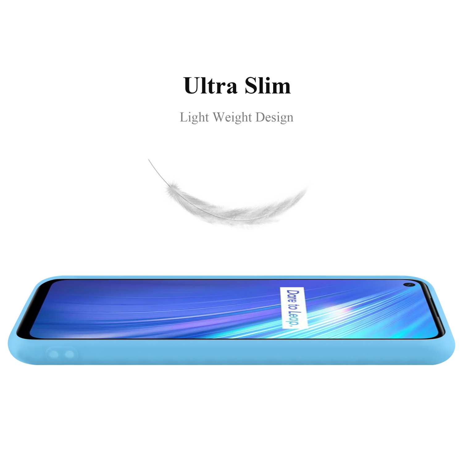 Eine blaue Handyhülle mit Telefon, Feder und Text 'Ultra Slim'.