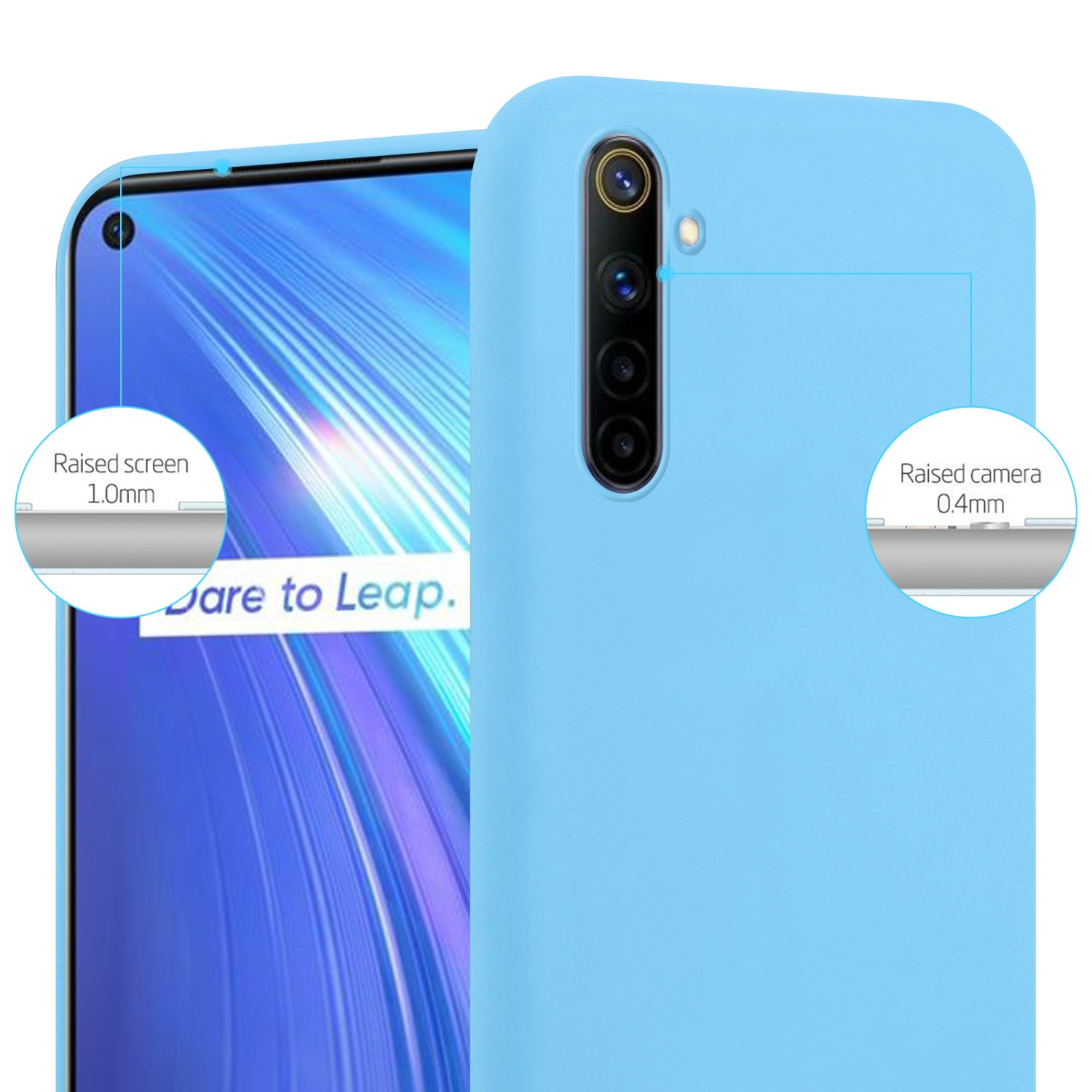 Blaue Handyhülle mit erhöhtem Bildschirm und Kamera. Weißer Hintergrund.