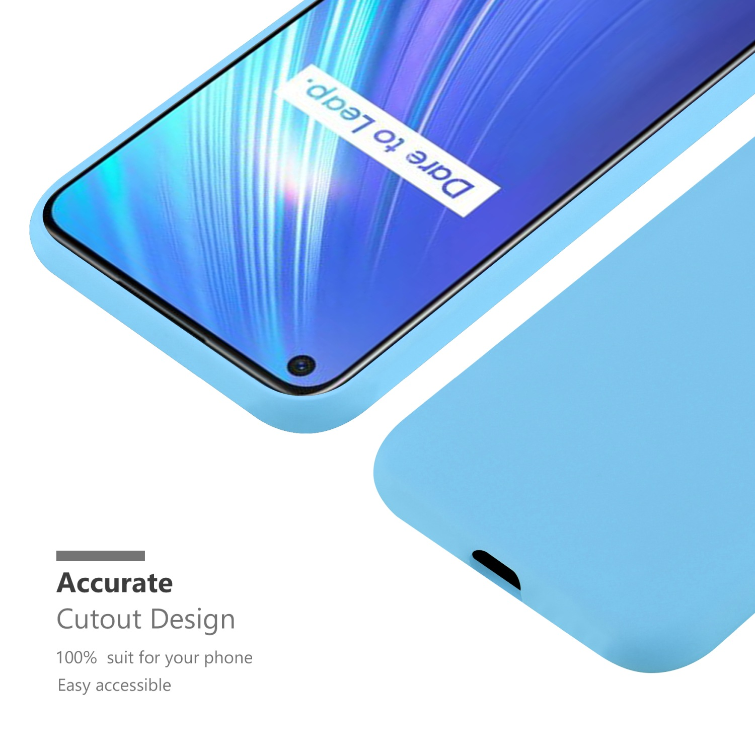 Hellblaue Handyhülle, ein Telefonbildschirm wird angezeigt. Der Bildschirm hat einen blauen Hintergrund mit weißem Text.