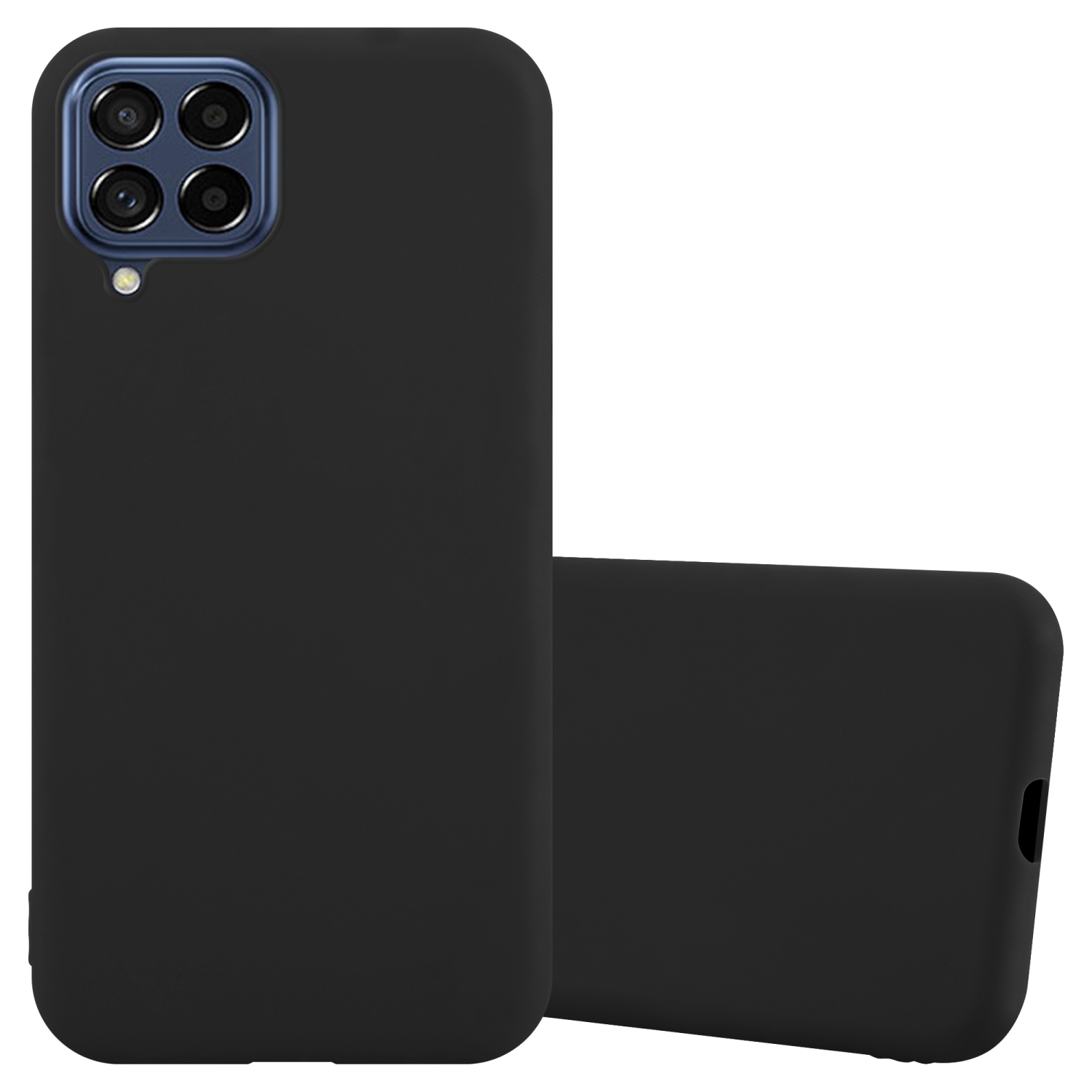 Custodia nera per telefono. La custodia ha un rigonfiamento per la fotocamera e viene mostrata da due angolazioni.