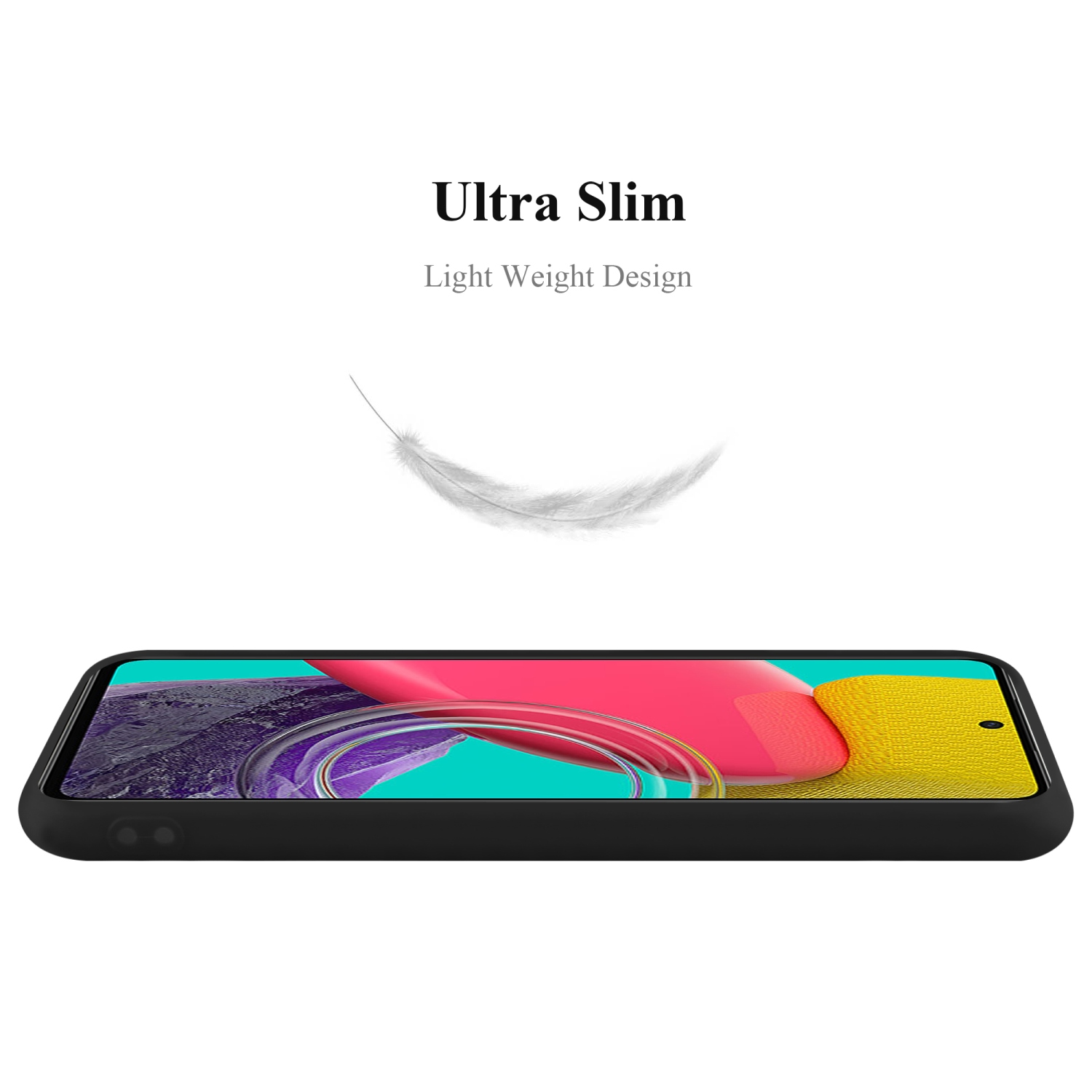 Custodia nera per telefono, telefono all'interno, piuma bianca. Testo 'Ultra Slim, Light Weight Design' sopra.
