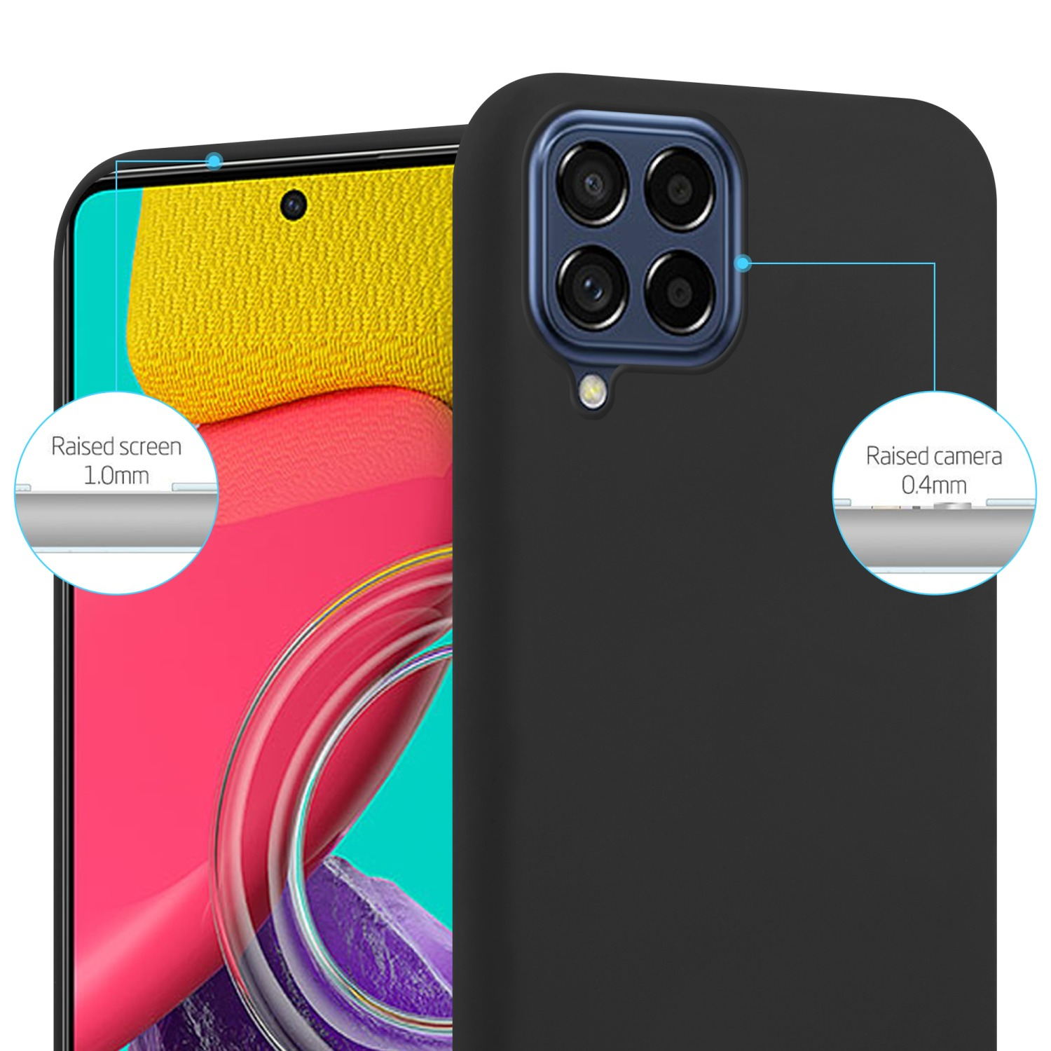 Custodia per telefono nera, con schermo e dettagli della fotocamera rialzati. I dettagli sono evidenziati con cerchi.