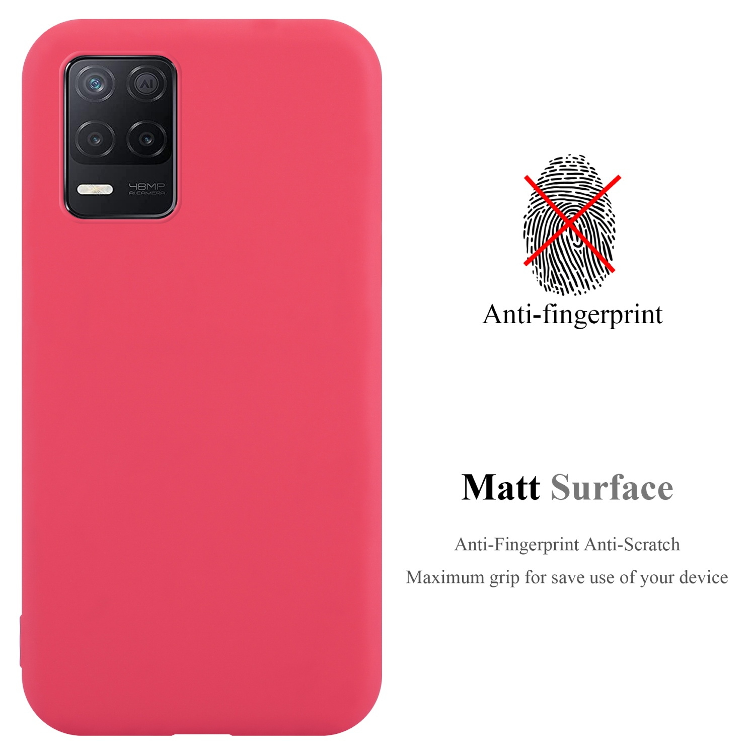 Custodia rossa per telefono, con simbolo di impronta digitale e le parole 'Matt Surface' e 'Anti-fingerprint'.