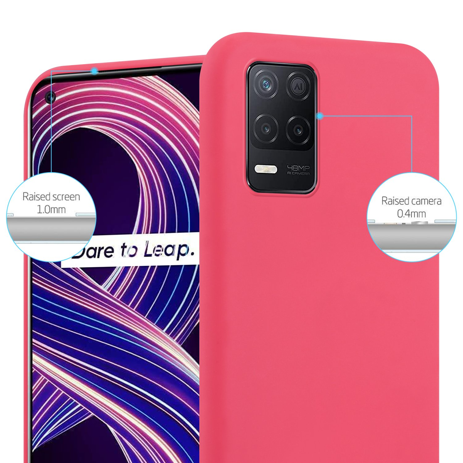 Custodia per telefono rosa. Dettagli schermo e fotocamera rialzati con etichette. Testo: Dare to Leap.