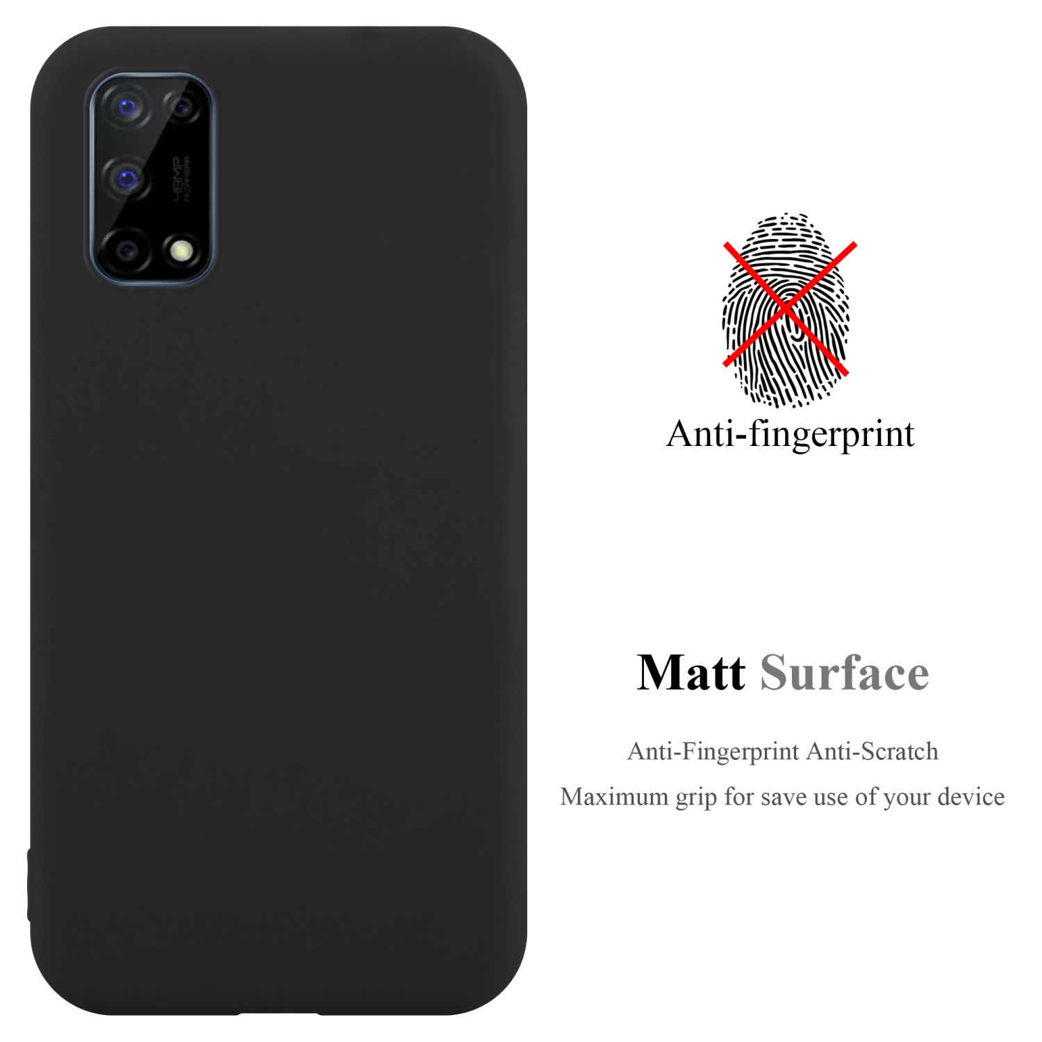 Una custodia nera per telefono con fotocamera. Anti-impronta e superficie opaca sono pubblicizzate.