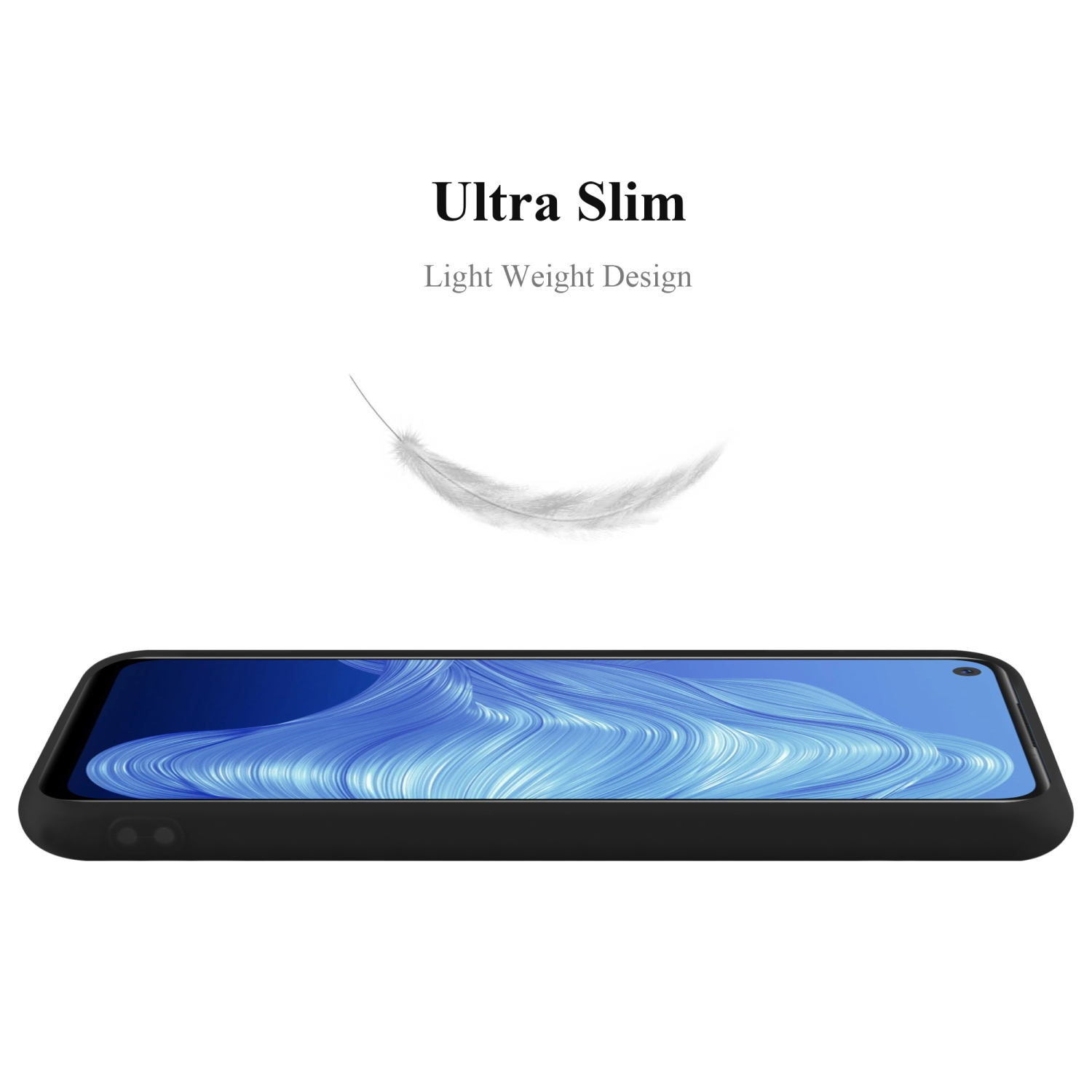 Custodia del telefono nera, vista di lato. Piuma bianca fluttuante sopra. Design ultra sottile.