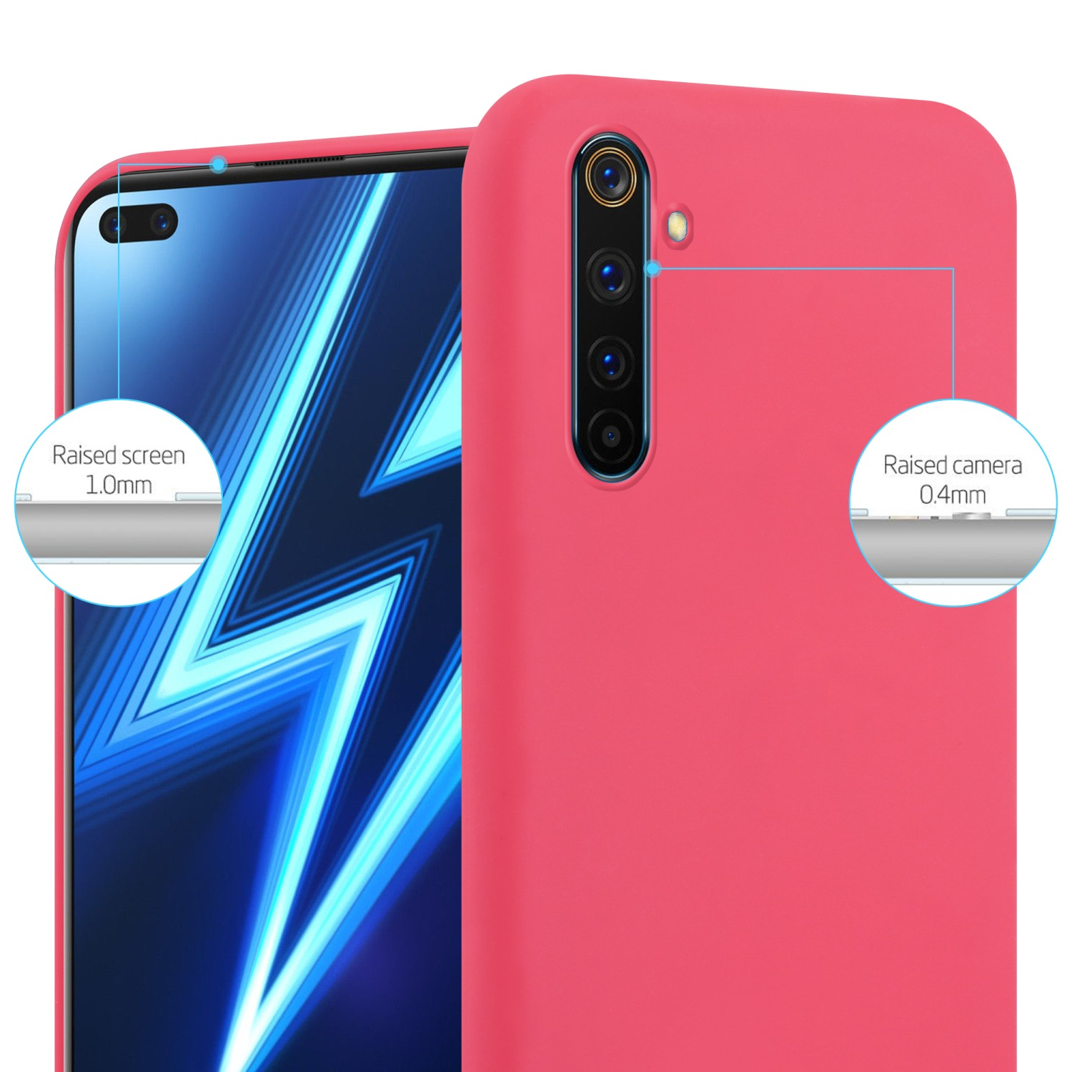 Custodia rosa con bordi rialzati. Mostra schermo e fotocamera rialzati. Schermo del telefono blu.