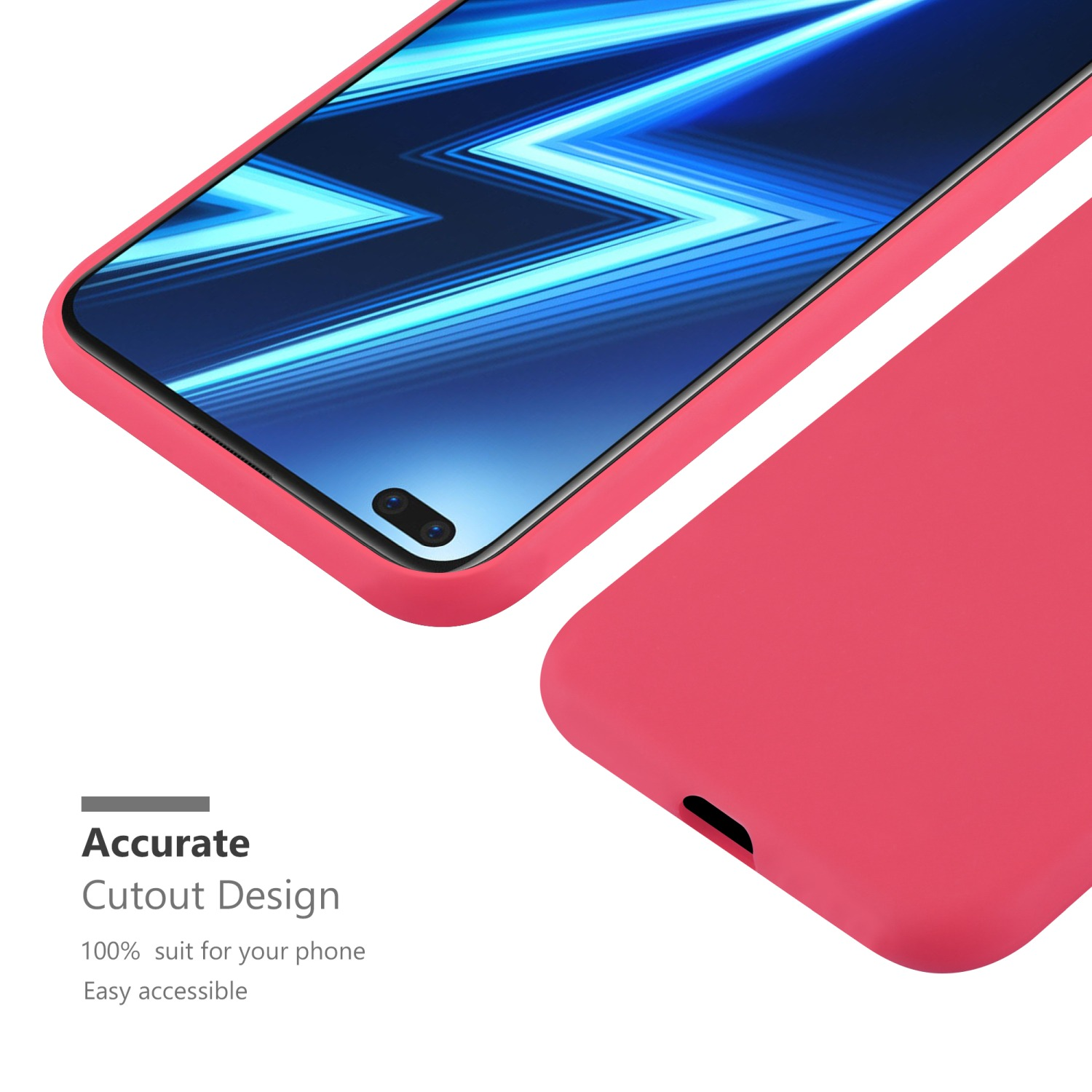 Una custodia per telefono rosa su sfondo bianco, con un display del telefono e la parola "Accurate".