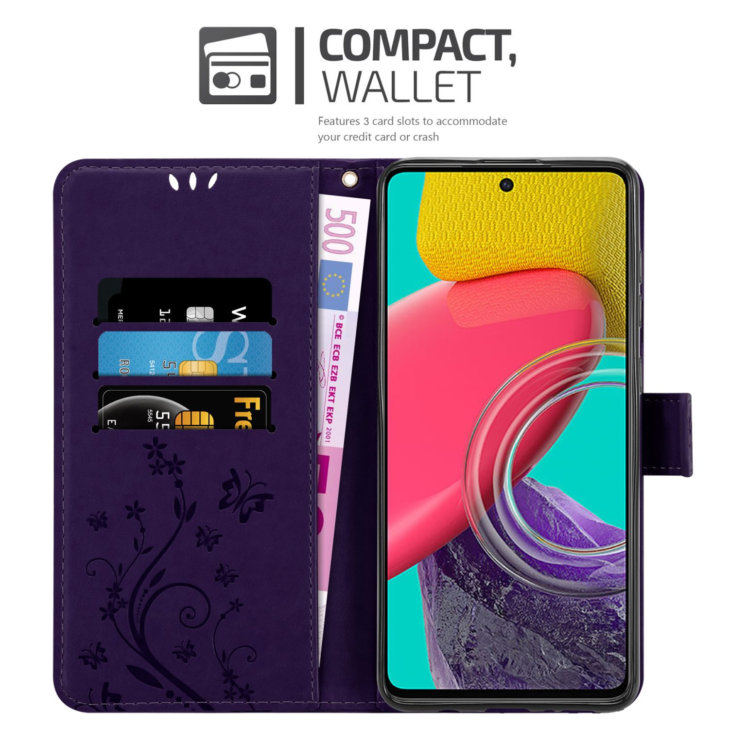 Una custodia a portafoglio viola scuro per telefono è aperta, con un telefono, carte di credito e denaro visibili. Ci sono disegni floreali.