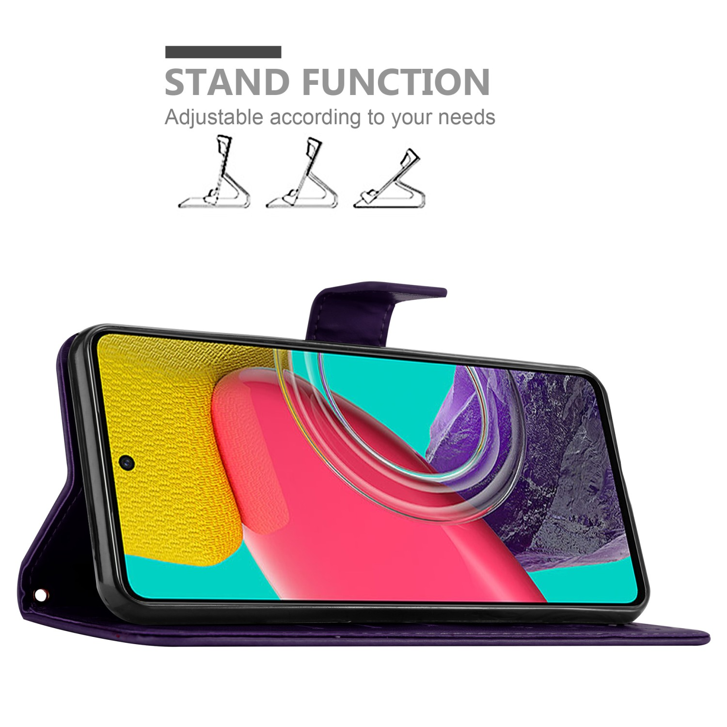 Custodia viola, aperta, con telefono dentro. Caratteristiche: Funzione supporto, regolabile.