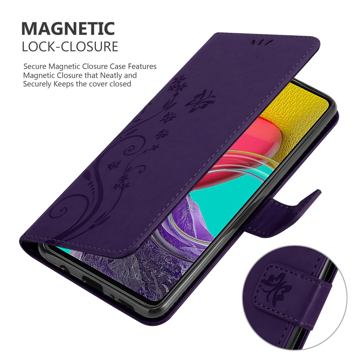 Custodia viola per telefono con design floreale. Coperchio aperto, schermo del telefono visibile. Testo: Chiusura magnetica.