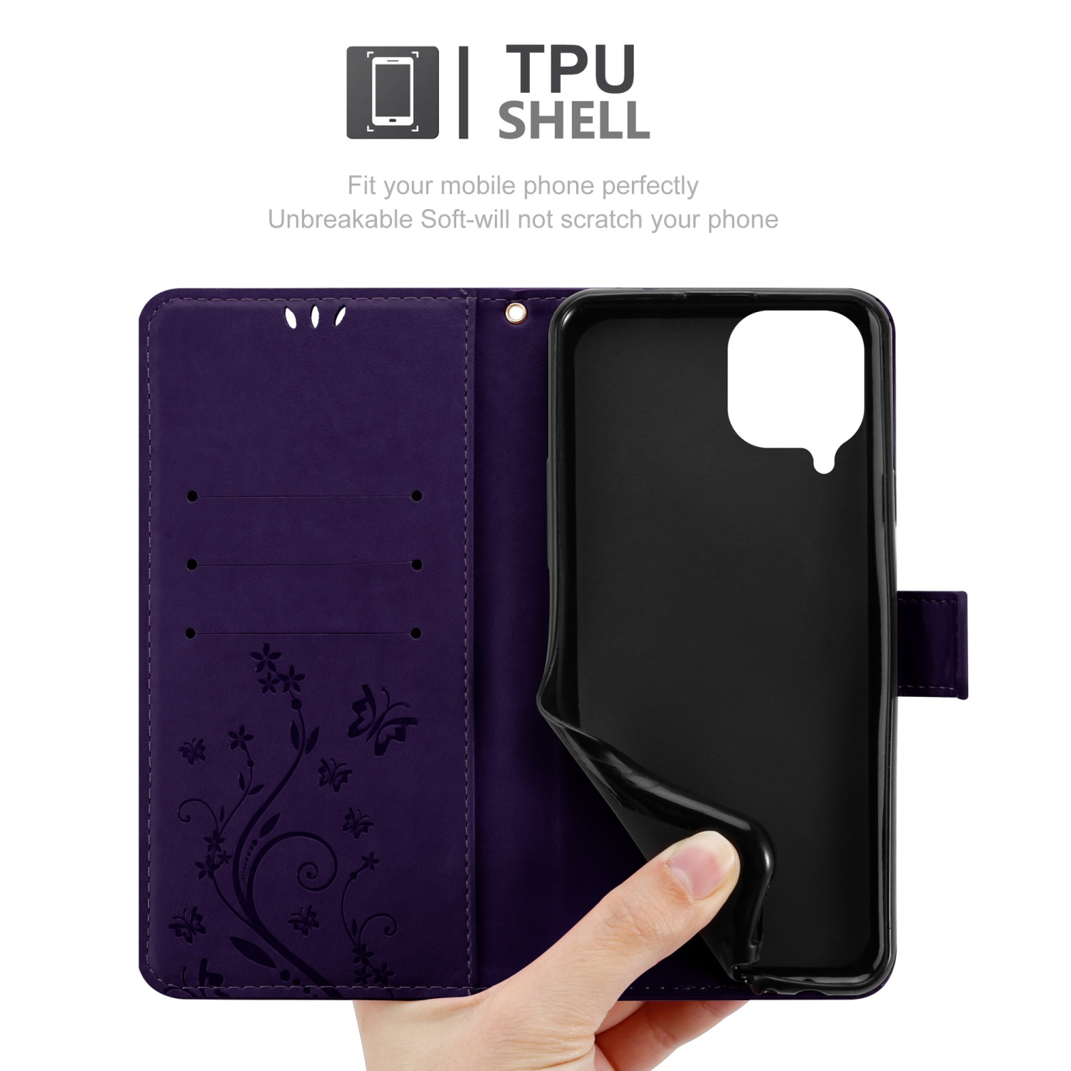 Portafoglio per telefono viola aperto con design floreale, mano che tiene un telefono e testo 'TPU SHELL'.