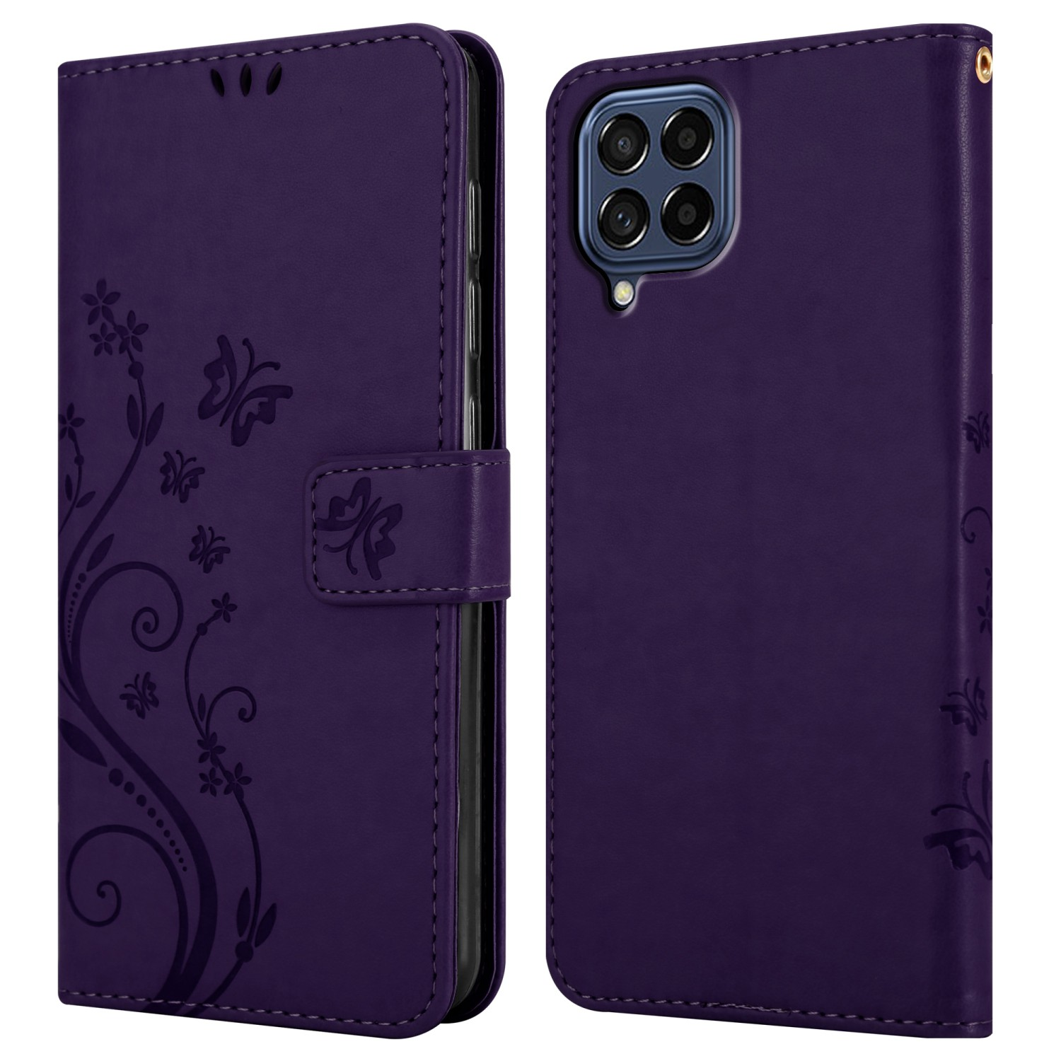 Una custodia per telefono viola, aperta, con goffratura floreale. Il telefono è all'interno. Lo sfondo è bianco.