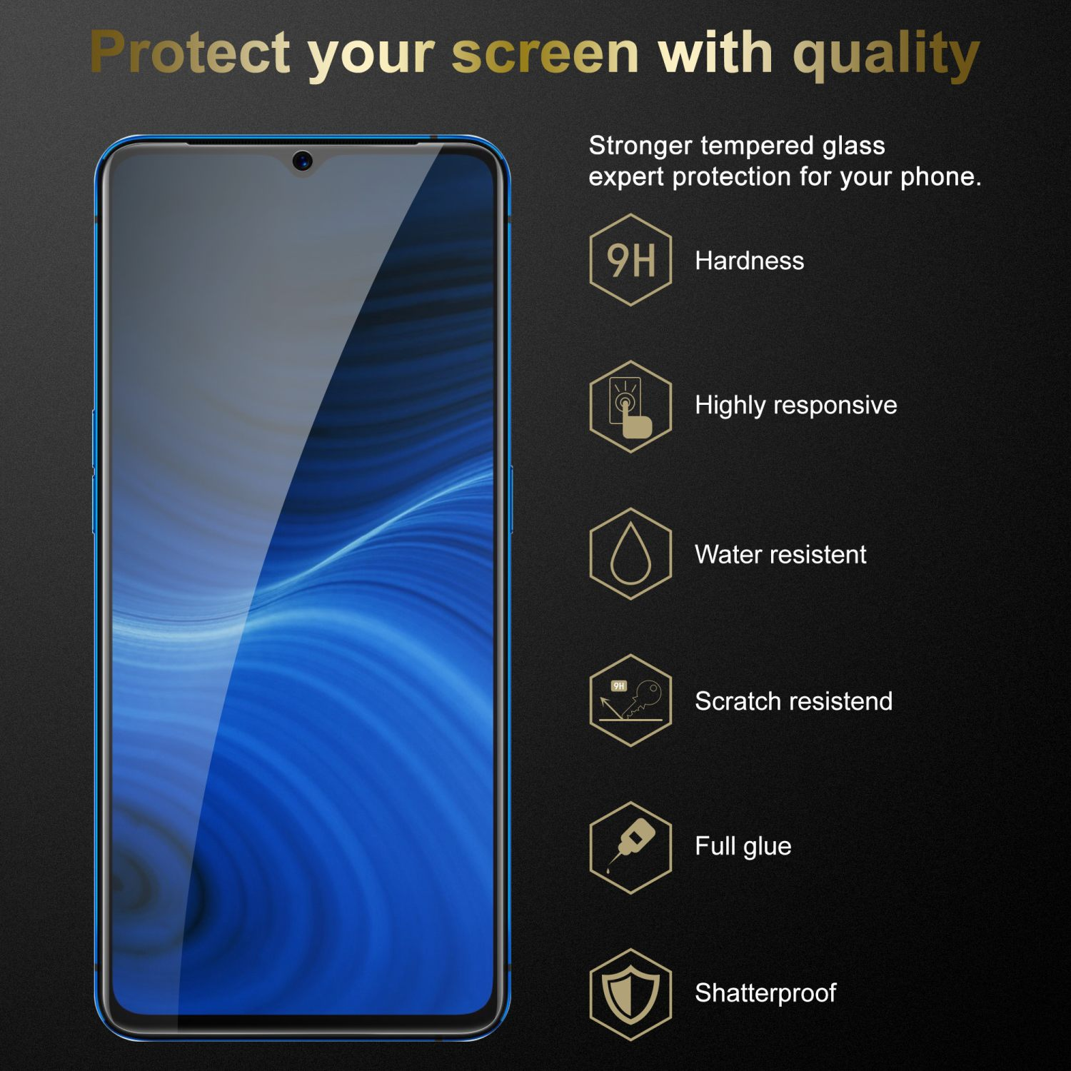 Smartphone con protezione schermo, che mostra durezza, reattività, resistenza all'acqua e ai graffi, colla piena e infrangibilità.