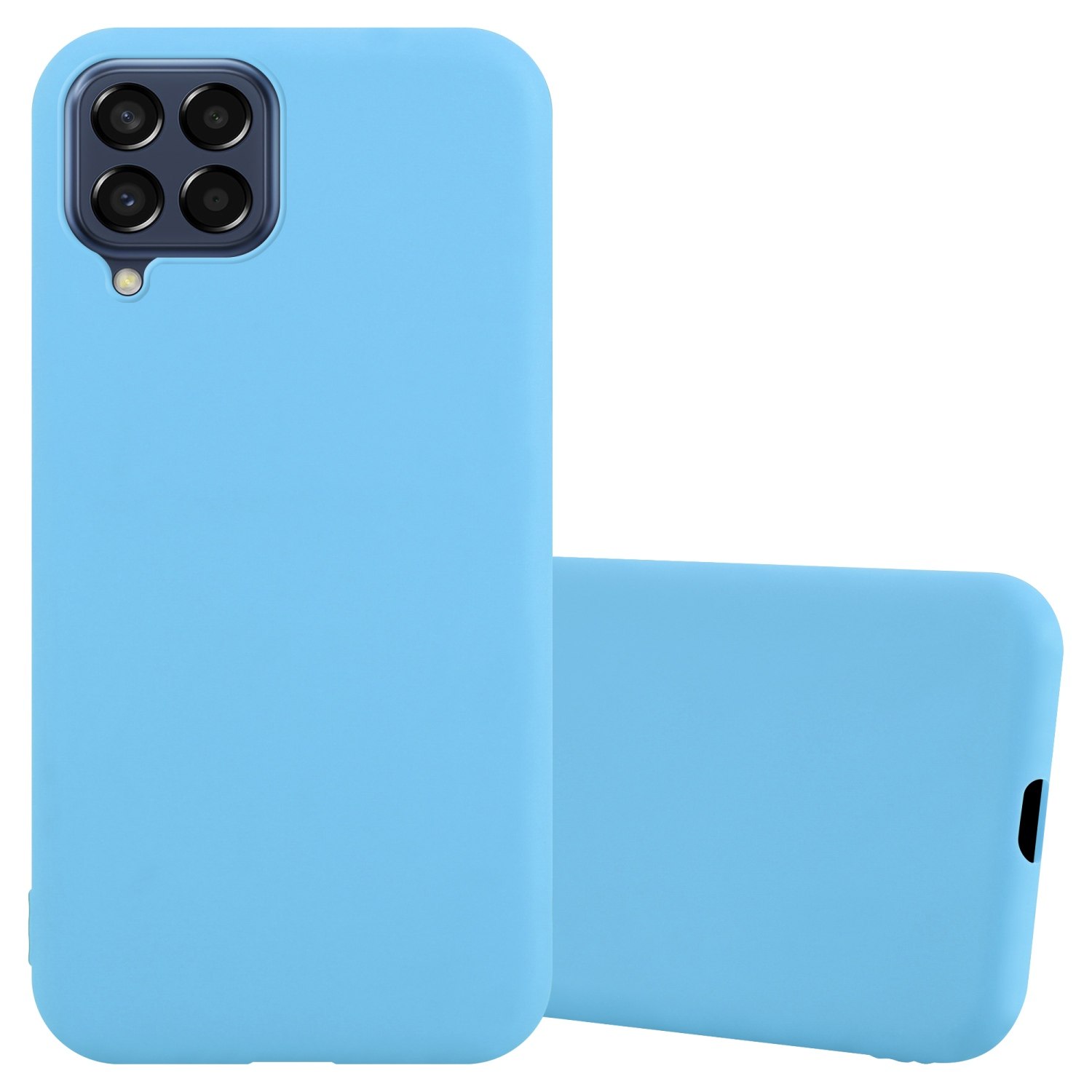 Custodia per telefono blu. Due custodie su sfondo bianco.