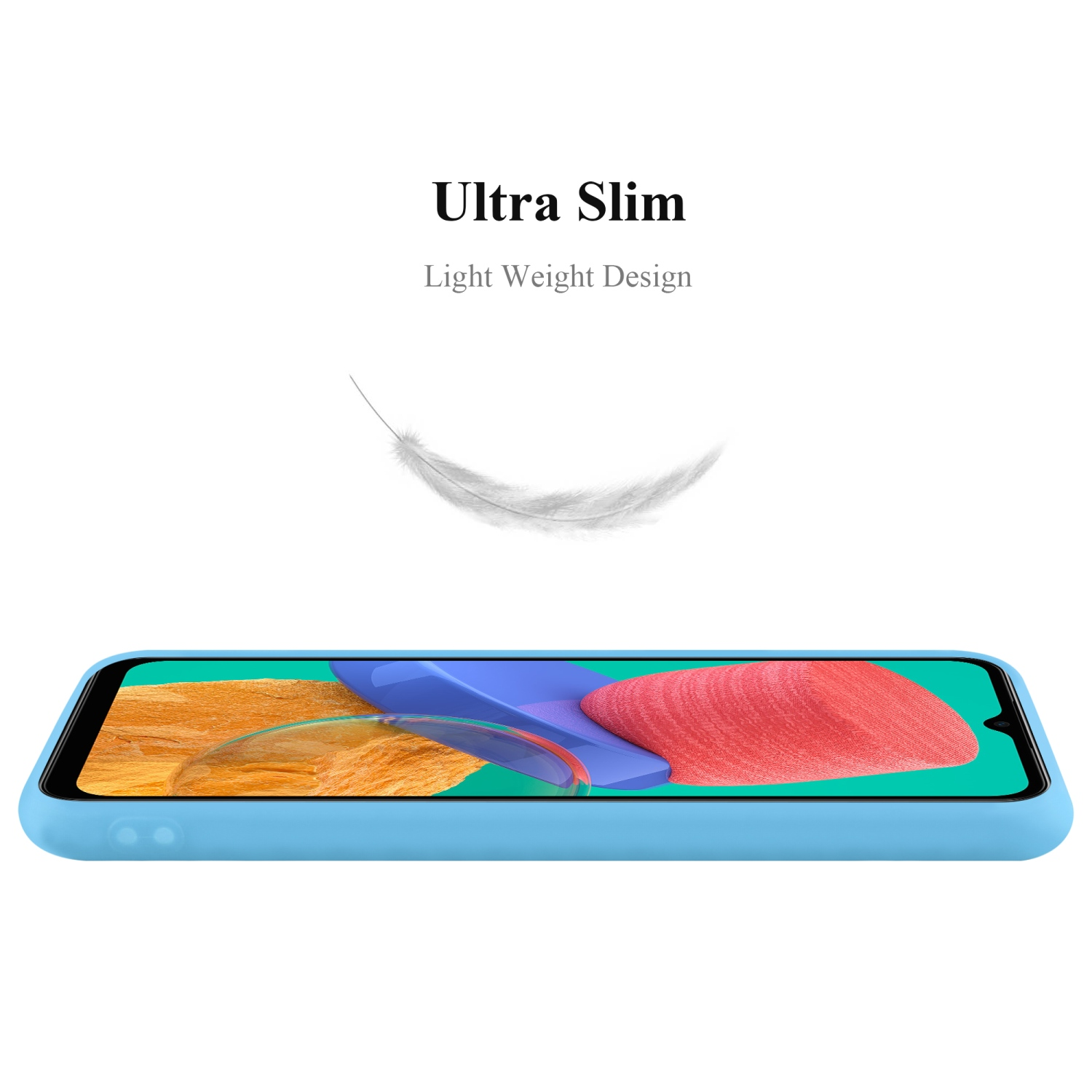 Custodia blu per telefono. Testo ultrasottile e illustrazione di piume. Sfondo bianco.