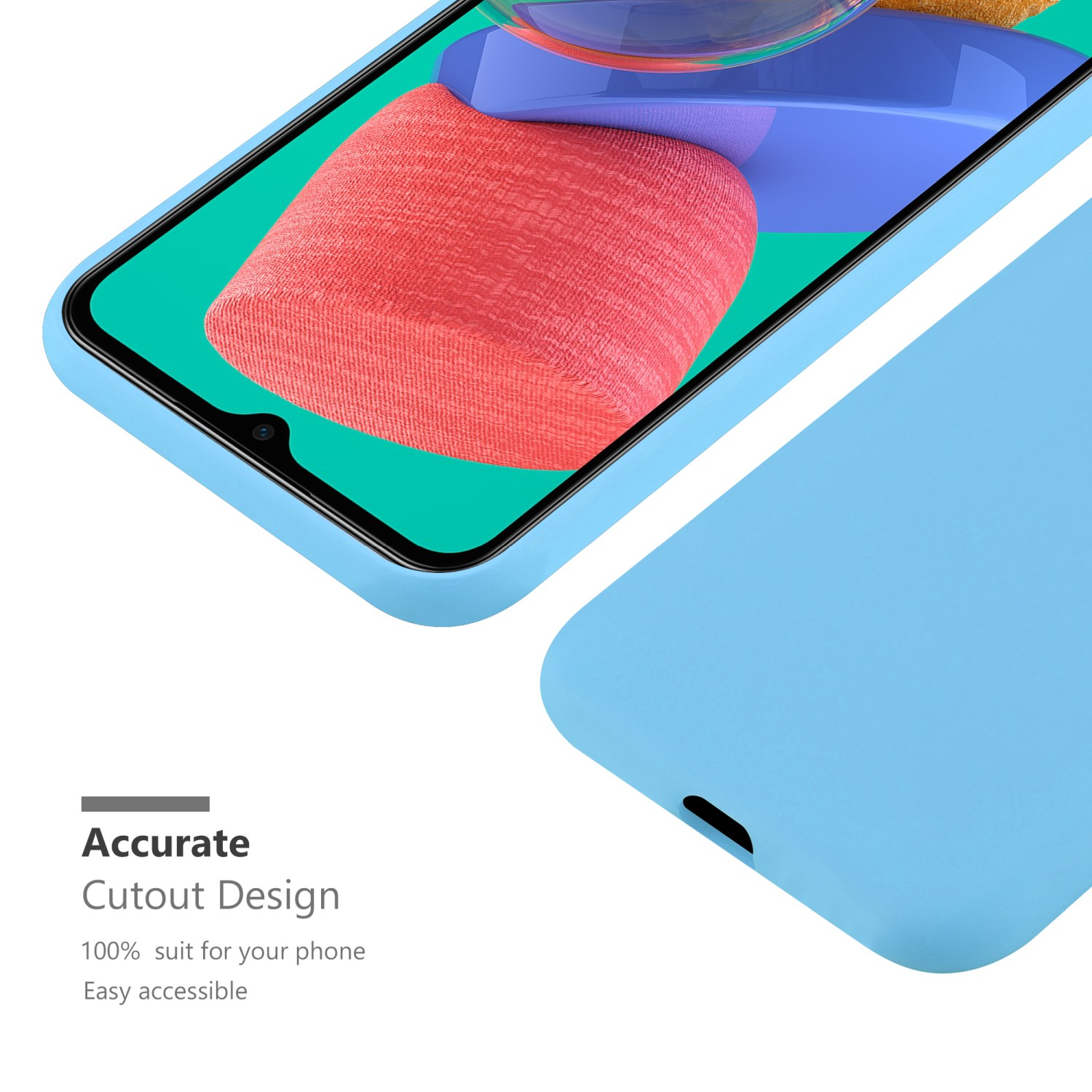 Primo piano di un telefono blu in una custodia azzurra. Lo schermo del telefono è visibile.
