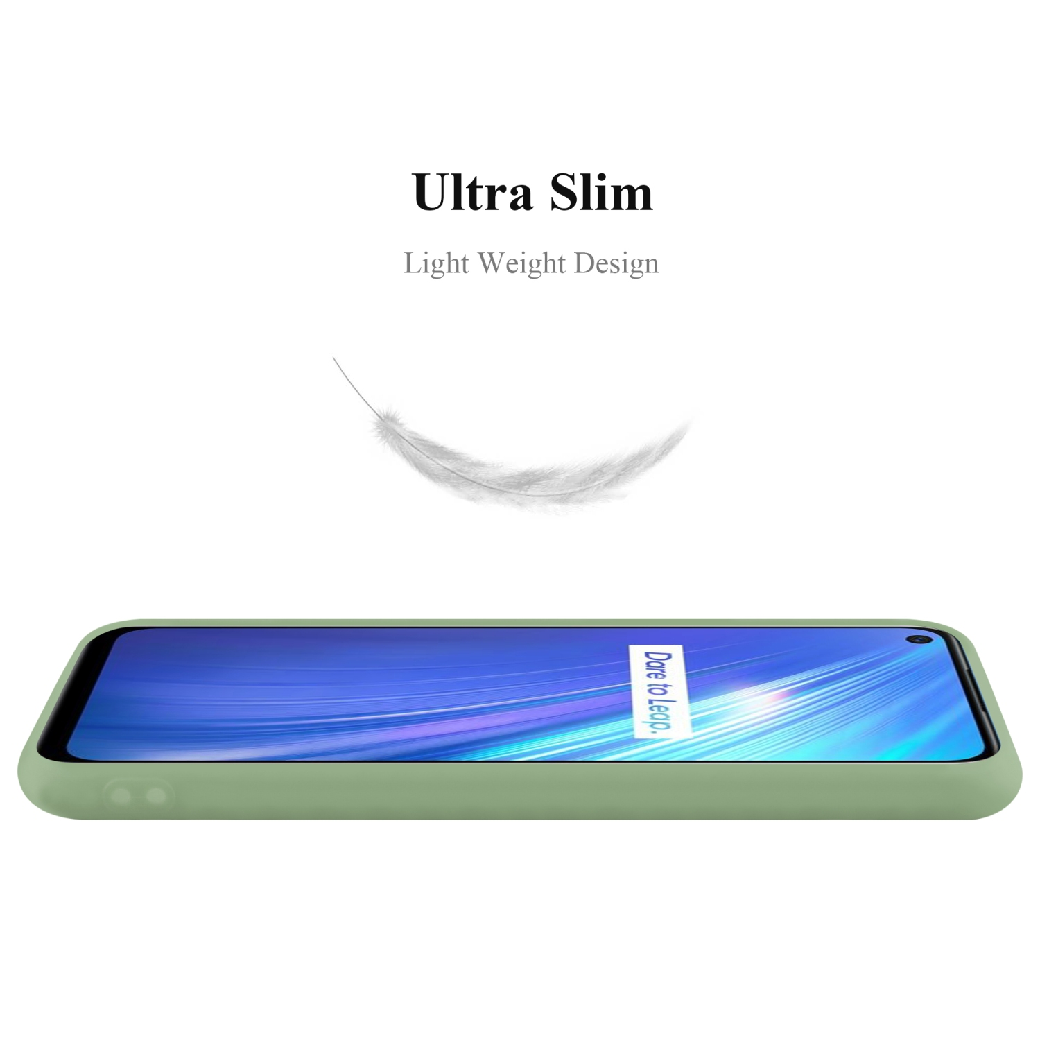 Grüne Handyhülle, von der Seite betrachtet. Weiße Feder schwebt darüber. Ultra schlankes Design.