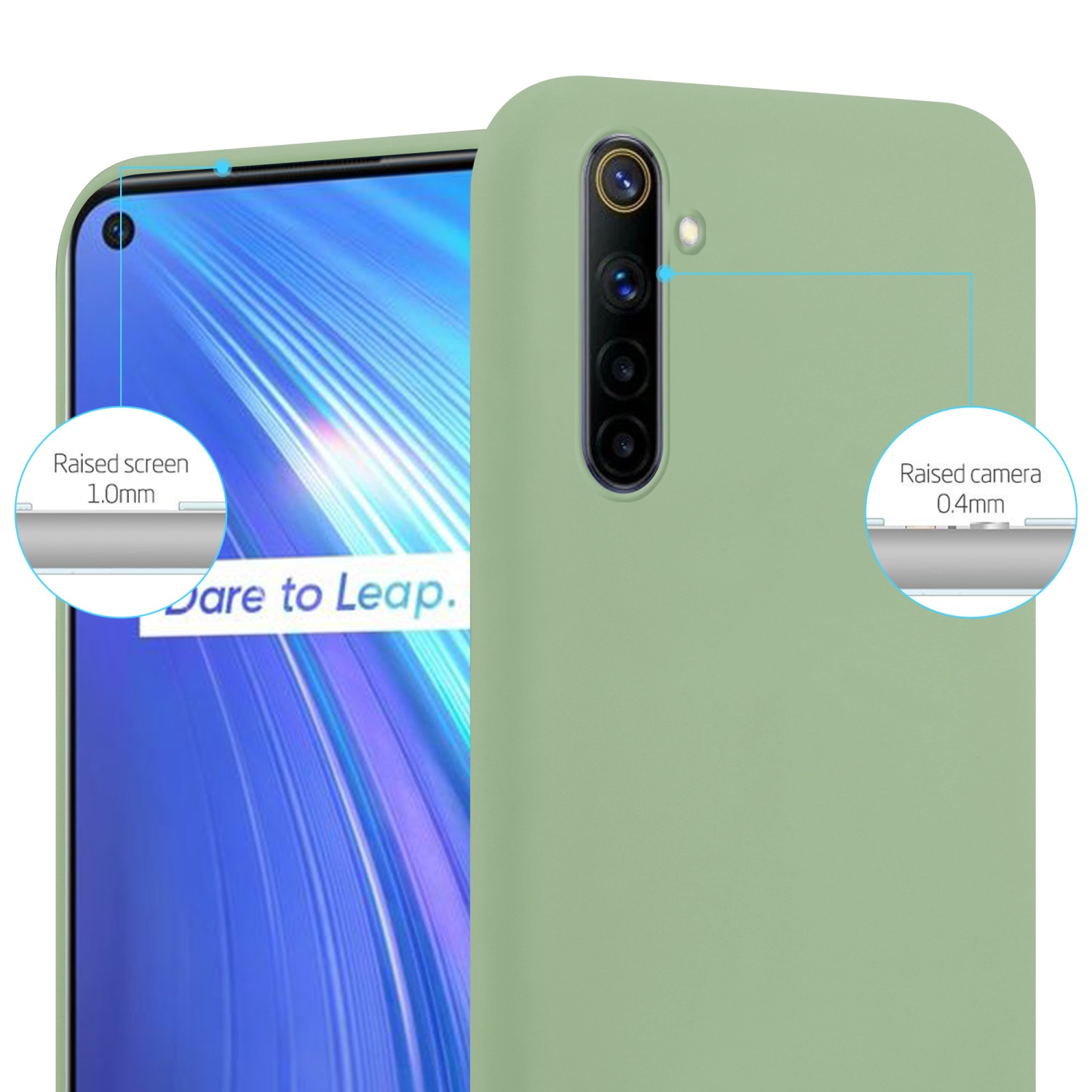Eine grüne Handyhülle mit einem Telefon darin. Die Hülle hat einen erhöhten Bildschirm und eine Kamera.