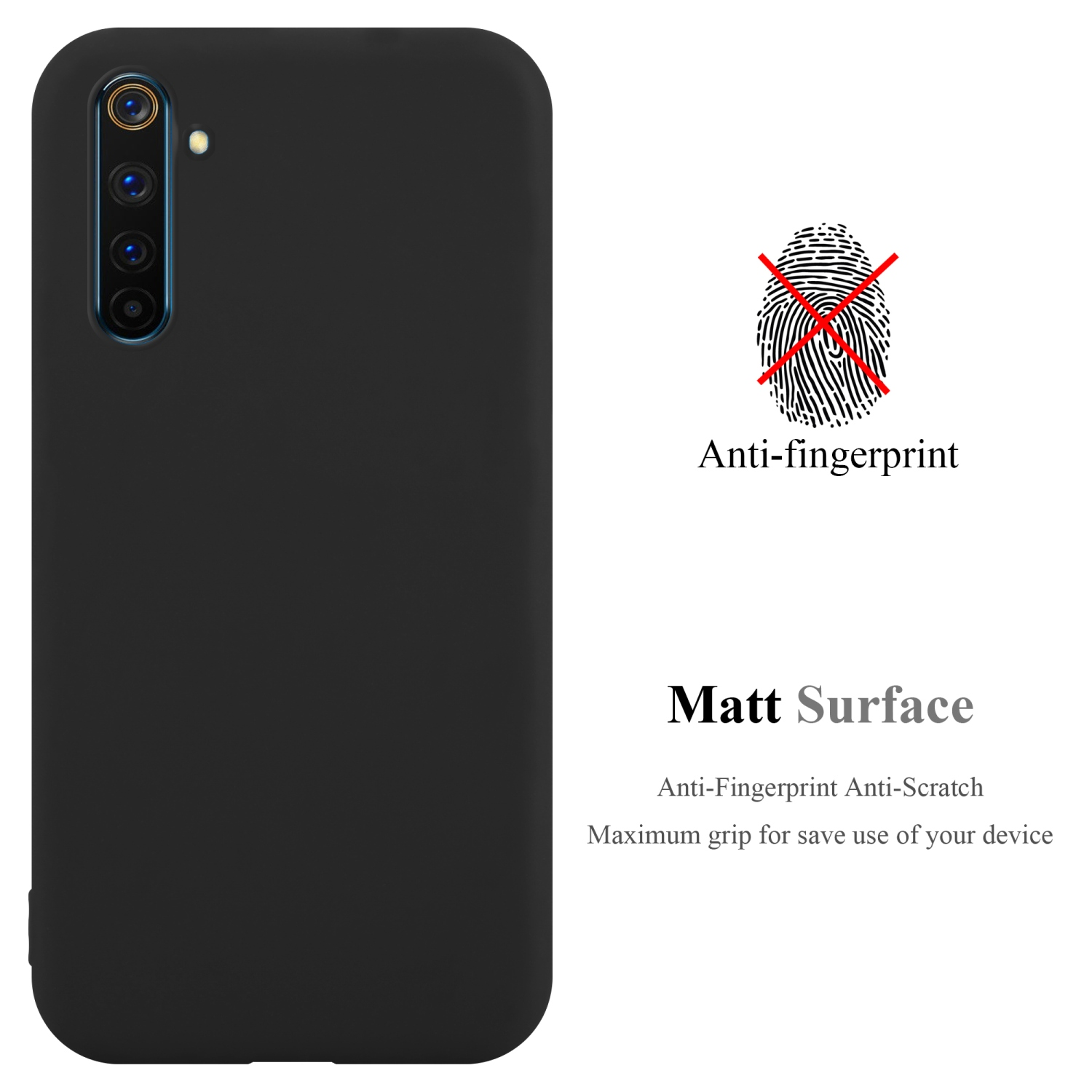 Custodia per telefono nera con un telefono e il testo Matt Surface. Sfondo bianco.