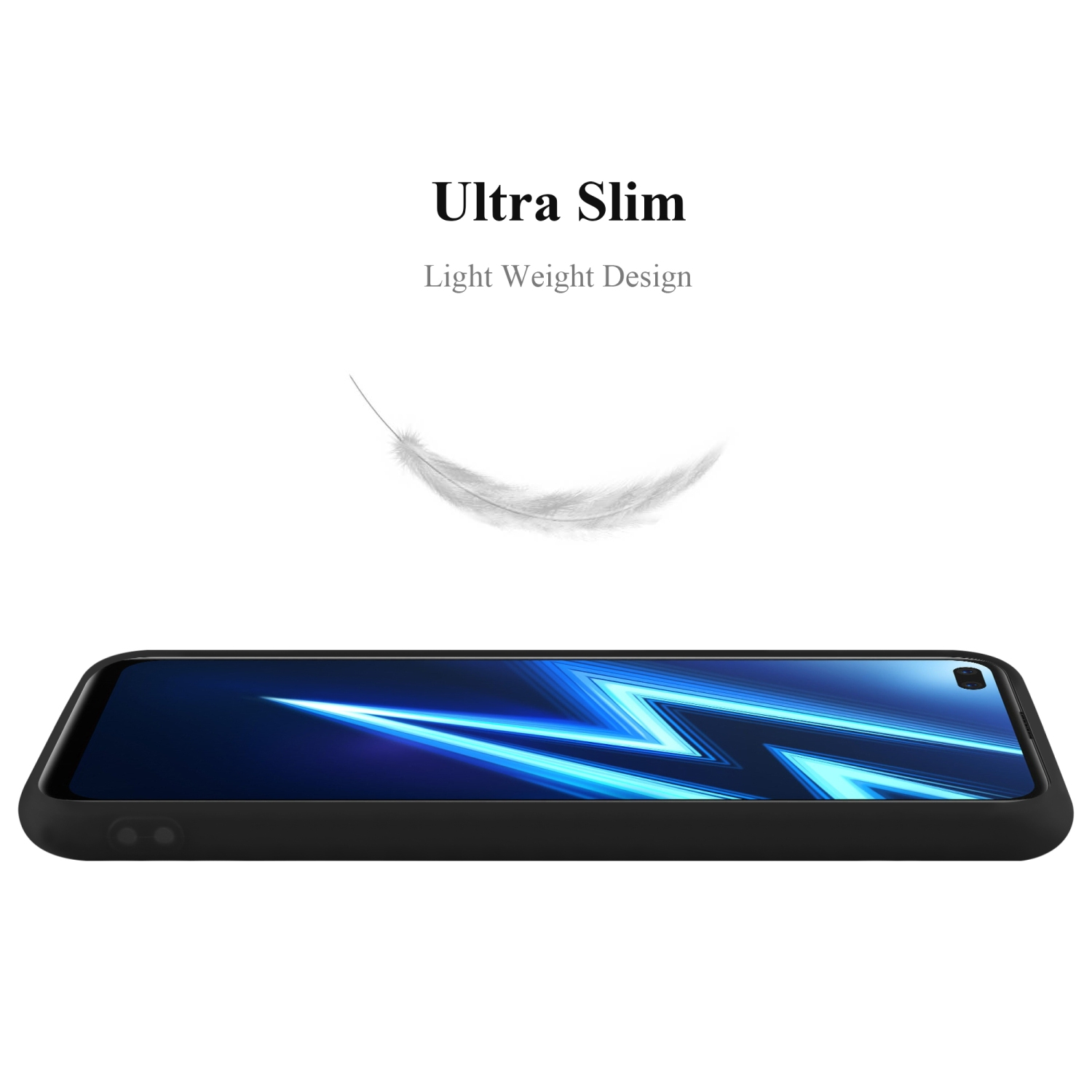 Una custodia per telefono con cornice nera. Una piuma sembra fluttuare sopra il telefono e indica ultra sottile.