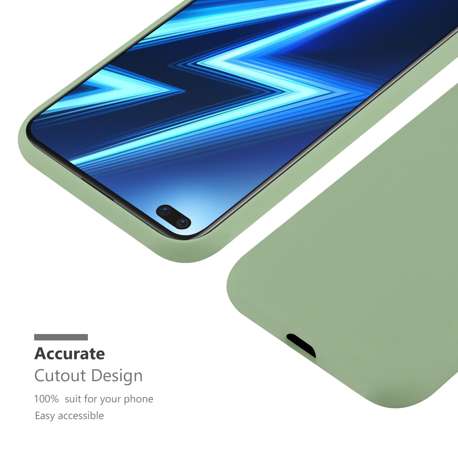 Una custodia per telefono verde chiaro con un telefono all'interno. Il telefono mostra uno schermo blu e bianco.