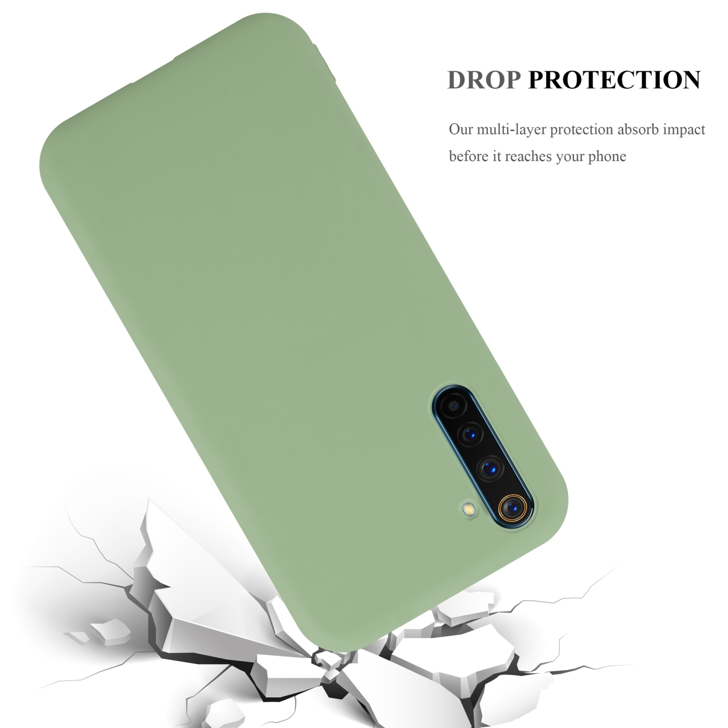 Custodia verde per telefono, con crepe sul terreno per mostrare la protezione dalle cadute.