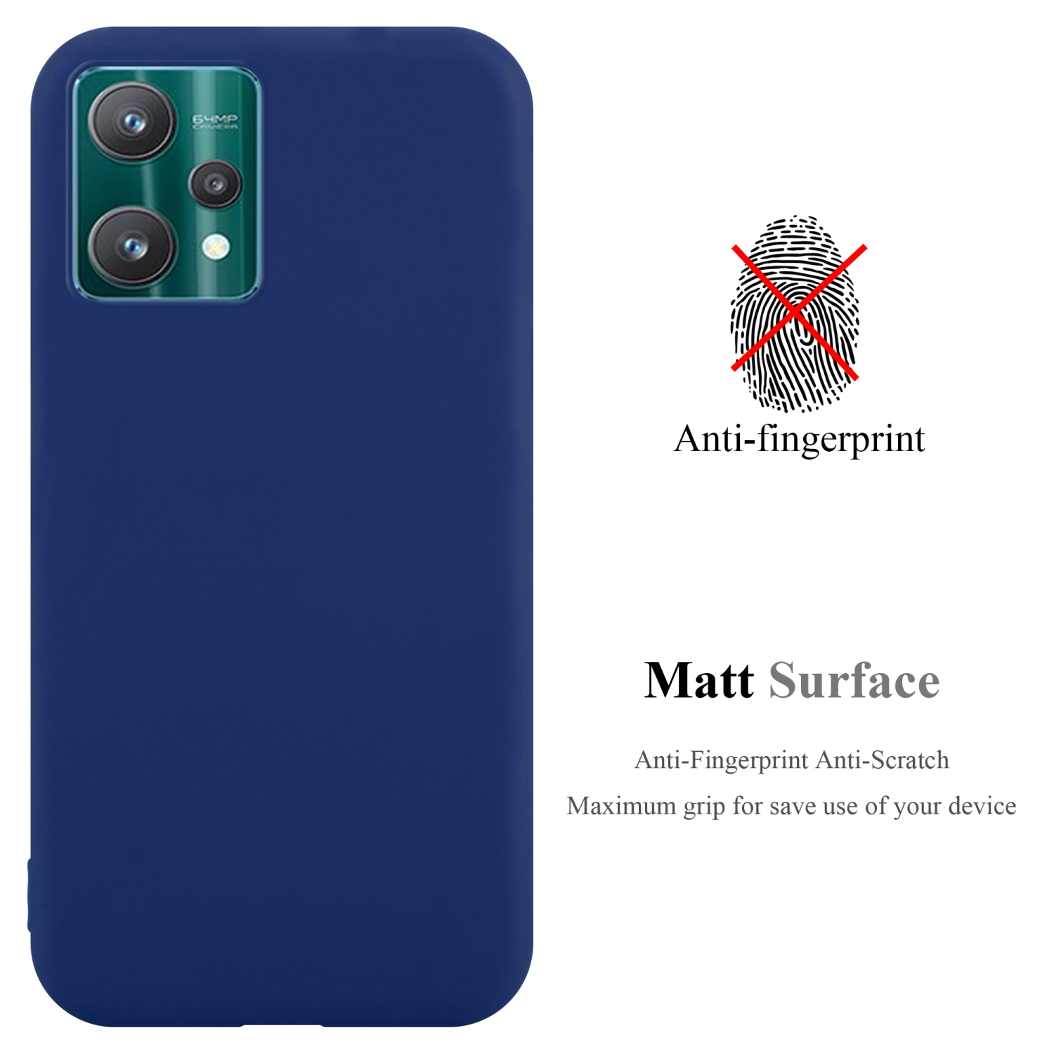 Eine marineblaue Handyhülle. Text: 'Matt Surface' und ein Anti-Fingerabdruck-Symbol.