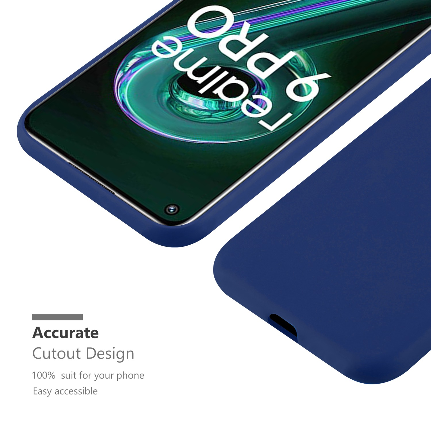 Marineblaue Handyhülle mit Telefonbildschirm. Text besagt 'genaues Ausschnitt-Design'. Weißer Hintergrund.