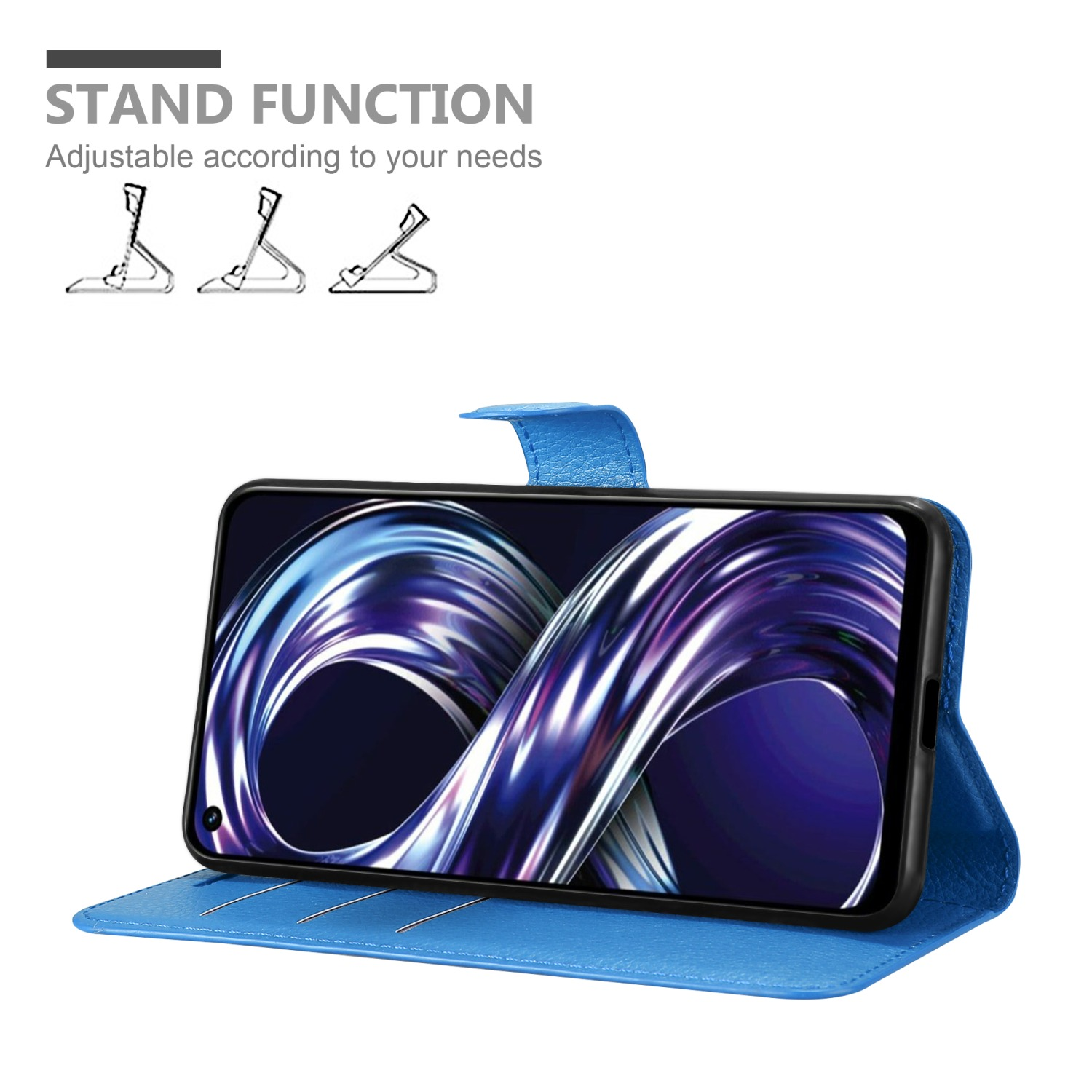 Custodia per telefono blu con telefono in posizione verticale. Testo 'STAND FUNCTION'. Tre illustrazioni delle funzioni di supporto.
