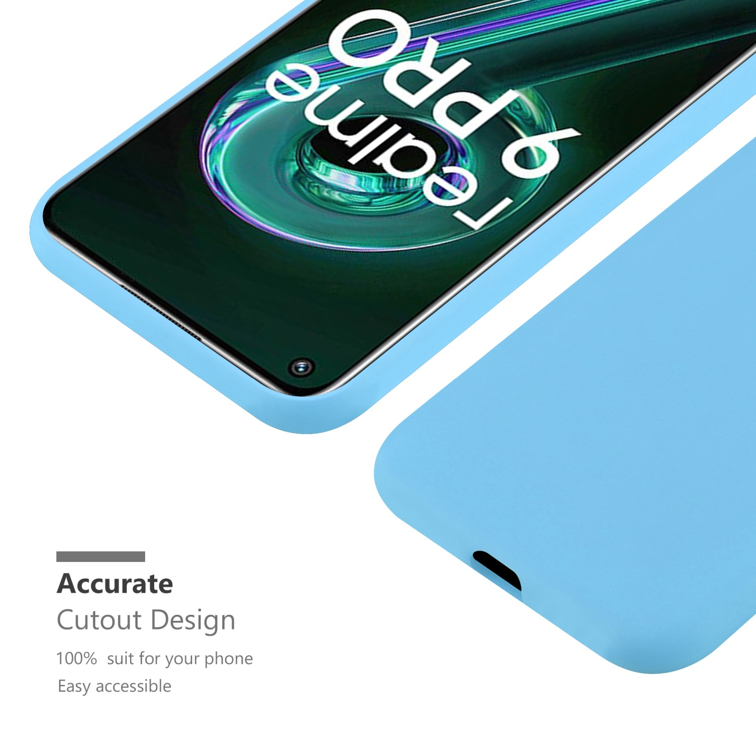 Nahaufnahme einer hellblauen Handyhülle. Der Telefonbildschirm und das Ausschnittdesign werden gezeigt.