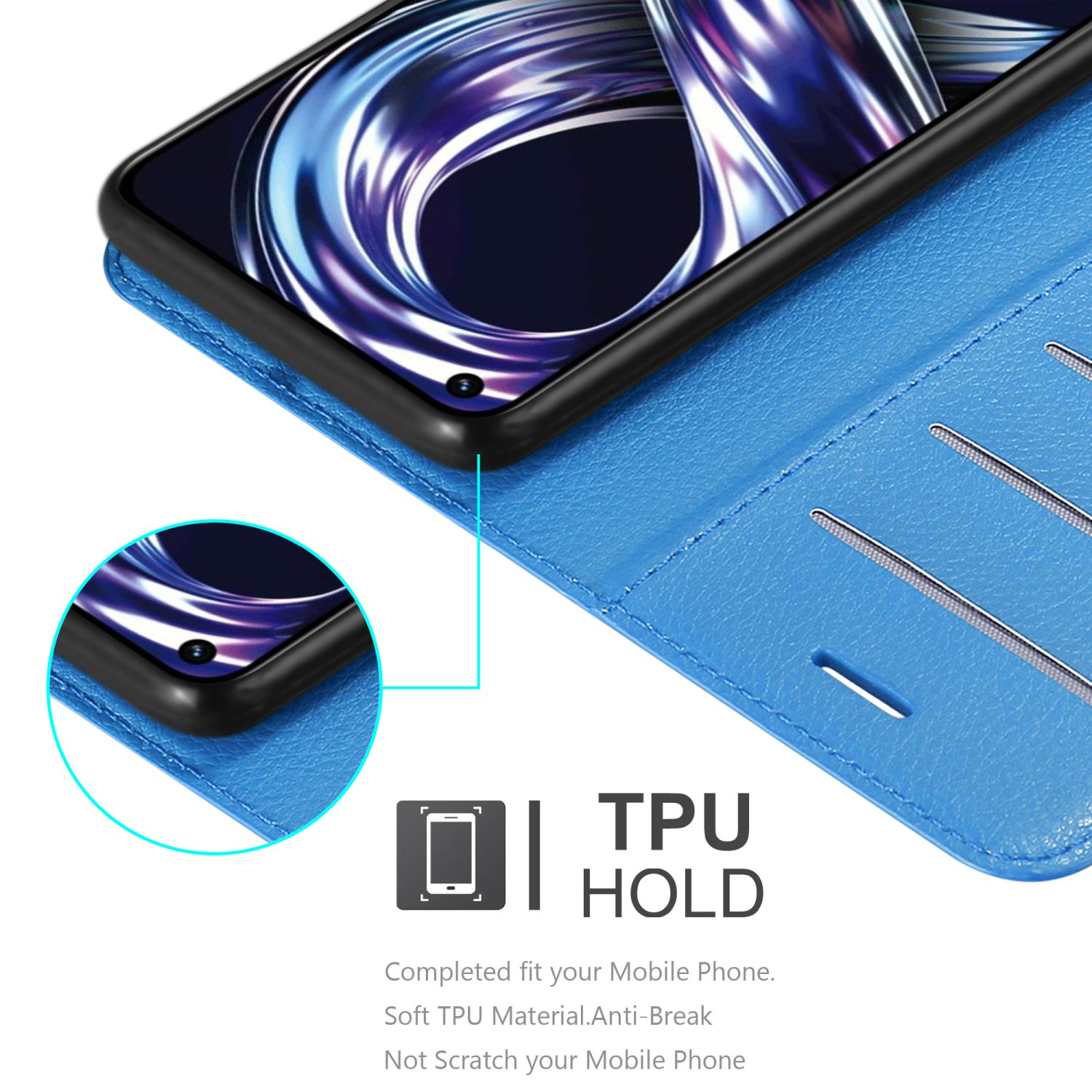 Una custodia blu con un telefono all'interno. La custodia ha fessure per carte. Il testo recita "TPU HOLD" e fornisce dettagli.