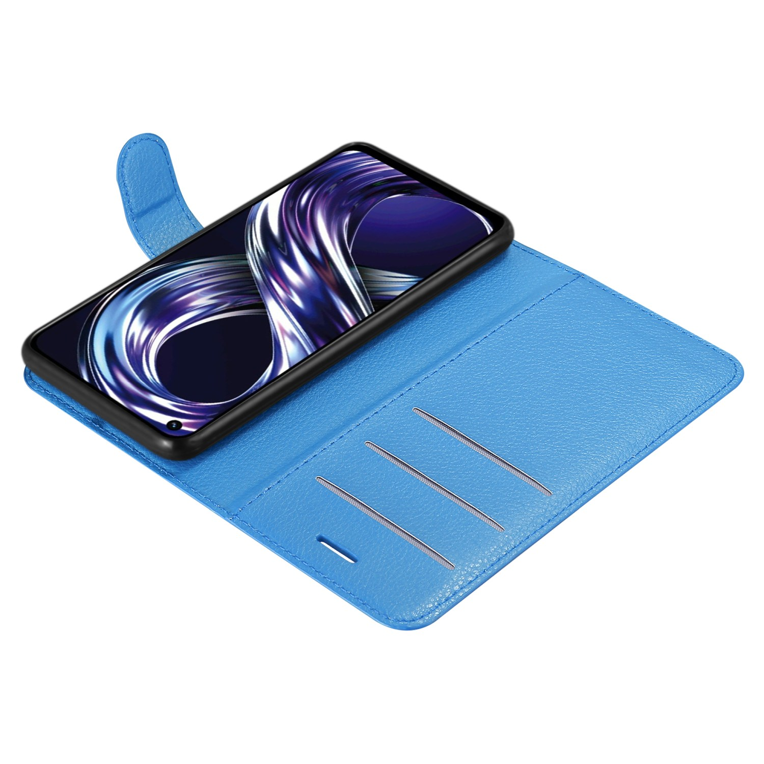 Telefono dentro custodia a portafoglio blu, aperto. Mostra schermo e interno.